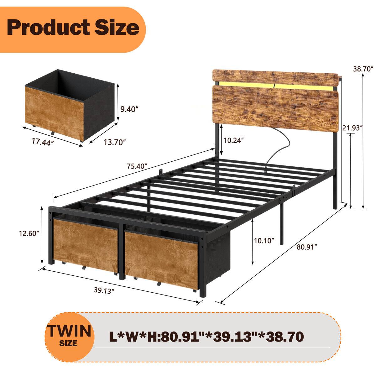 Product Size: 38.70" x 9.40" x 17.44" x 13.70" x 10.24" x 21.93" x 75.40" x 12.60" x 10.10" x 80.91" x 39.13"  
TWIN SIZE: L*W*H: 80.91" x 39.13" x 38.70"