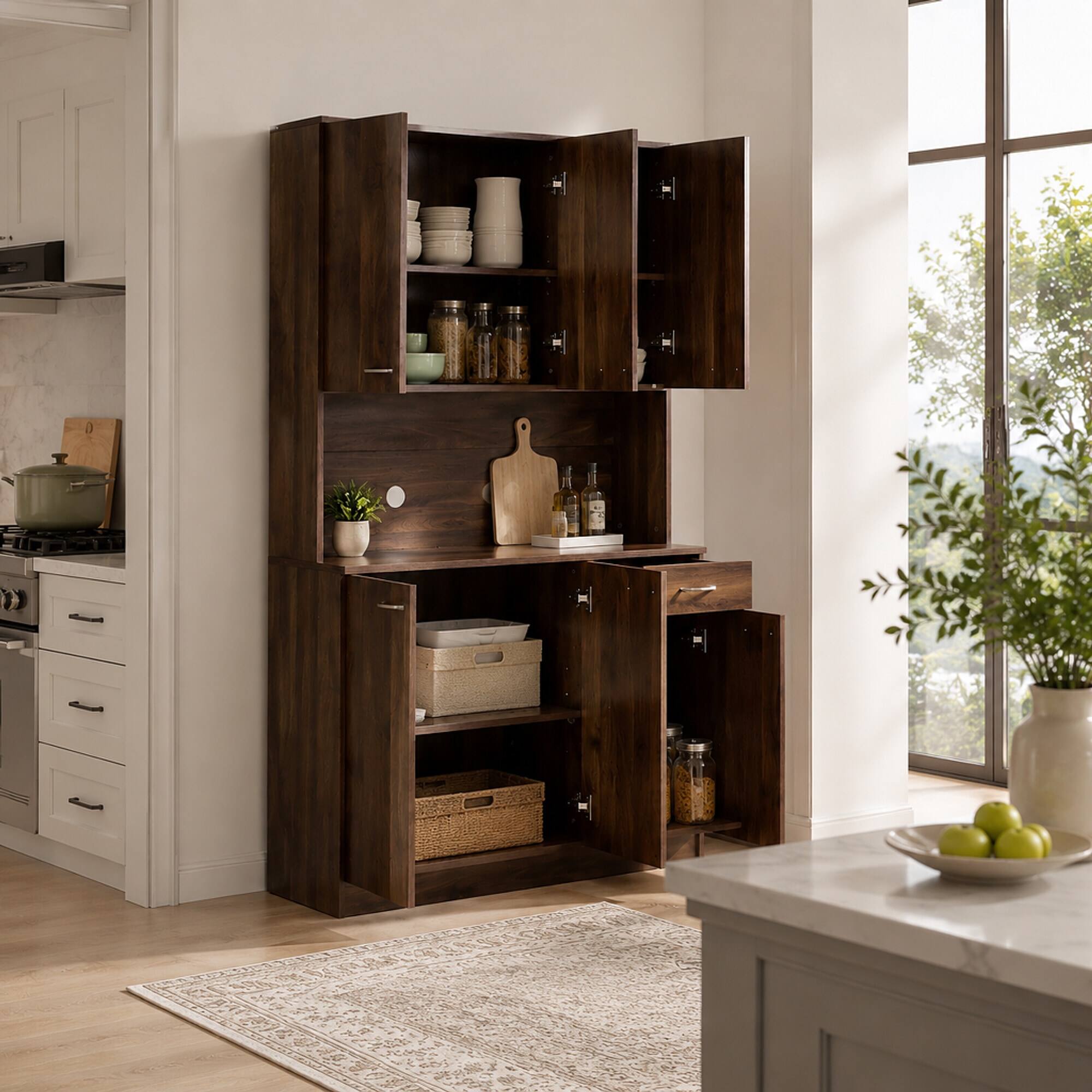 Angle. RYHNUYNE - Freestanding 70.87 Inch Tall Wardrobe and Kitchen Cabinet with 6 Doors and 1 Drawer, Walnut - Walnut.