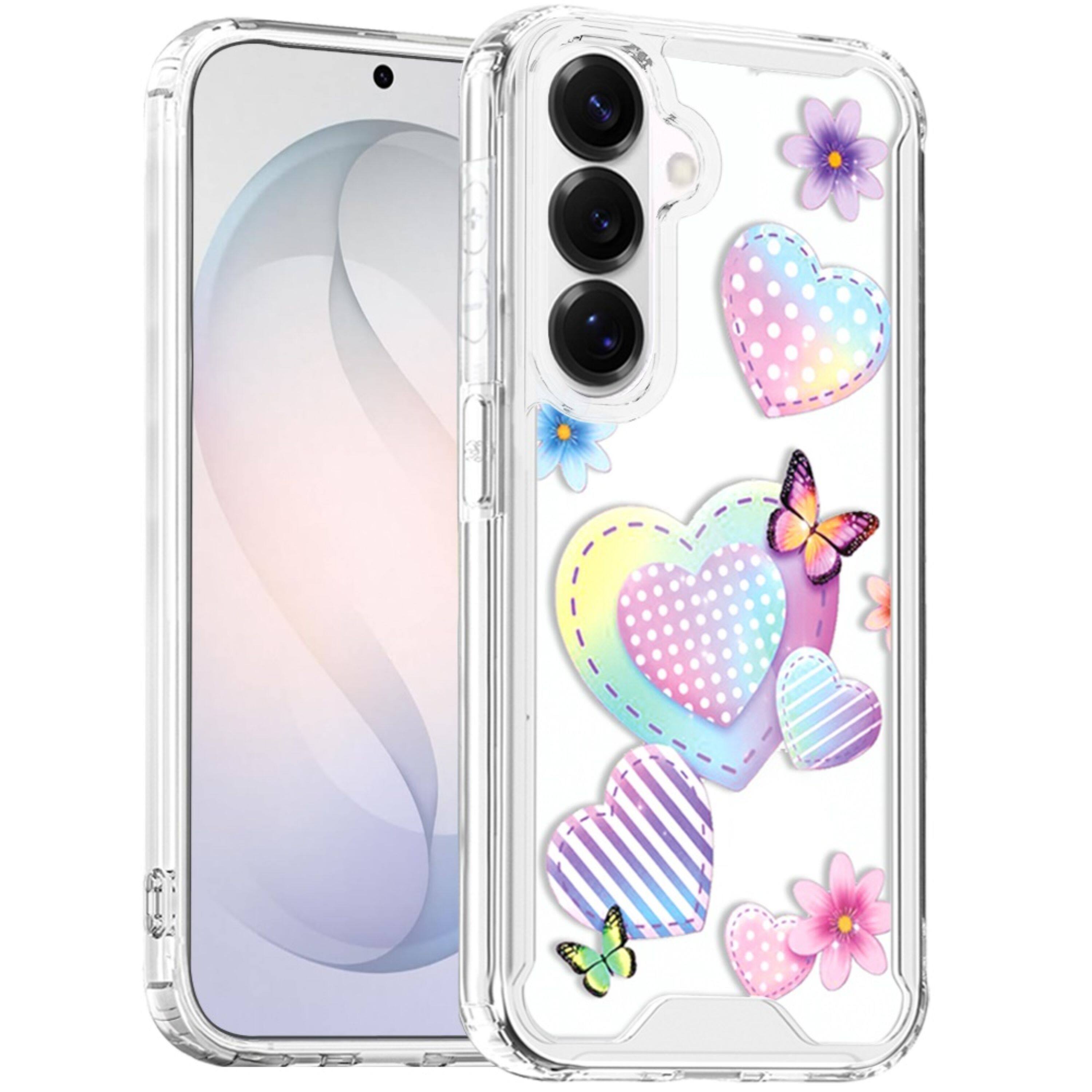 Angle. Kitcheniva - Cute Print Design On Clear TPU Cover Plus Tempered Glass For Samsung S26 FE Pastel Hearts With Butterflies - Multicolor.