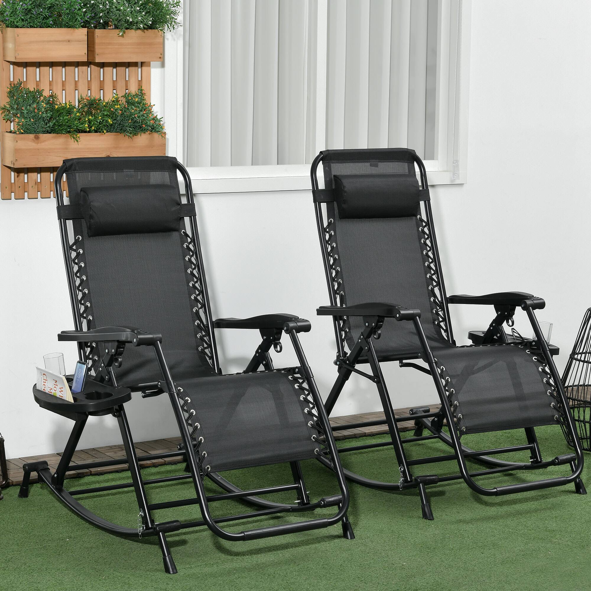 Alt View 1. Outsunny - Set of 2 Outdoor Rocking Chairs, Foldable Reclining Zero Gravity Lounge Rocker with Pillow, Cup & Phone Holder - Black.