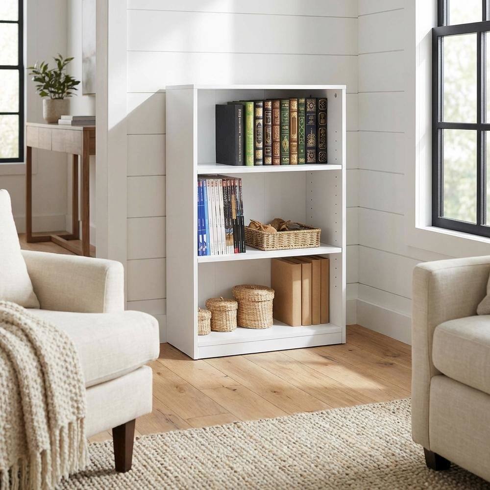 Alt View 2. FurniFact - White 3-Shelf Bookcase with Sturdy Construction and Modern Design - White.