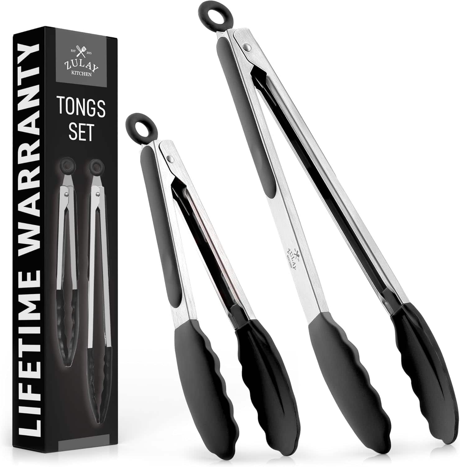 Zulay Kitchen - Stainless Steel Locking Cooking Tongs with Silicone Tips - Set of 2 (9” & 12”) - Black