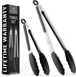 Zulay Kitchen - Stainless Steel Locking Cooking Tongs with Silicone Tips - Set of 2 (9” & 12”) - Black