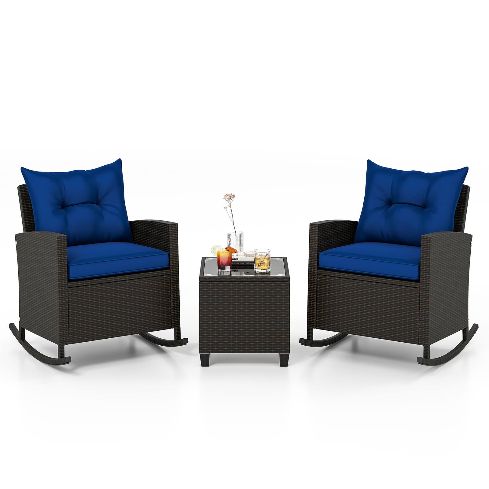 Alt View 8. Gymax - Gymax Set of 3 Wicker Rocking Set Patio w/ Tempered Glass Table & Soft Cushions Navy - Navy.