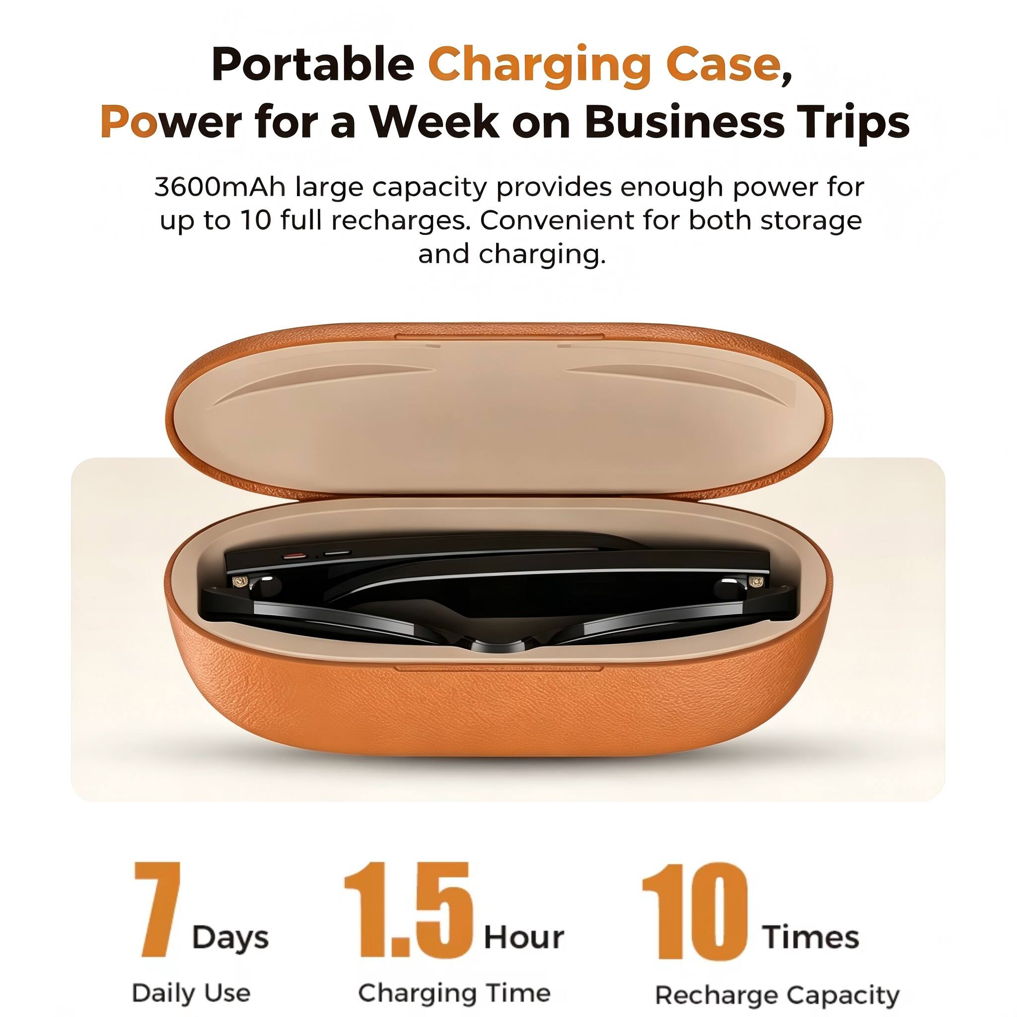 Portable Charging Case, Power for a Week on Business Trips

3600mAh large capacity provides enough power for up to 10 full recharges. Convenient for both storage and charging.

7 Days Daily Use
1.5 Hour Charging Time
10 Times Recharge Capacity
