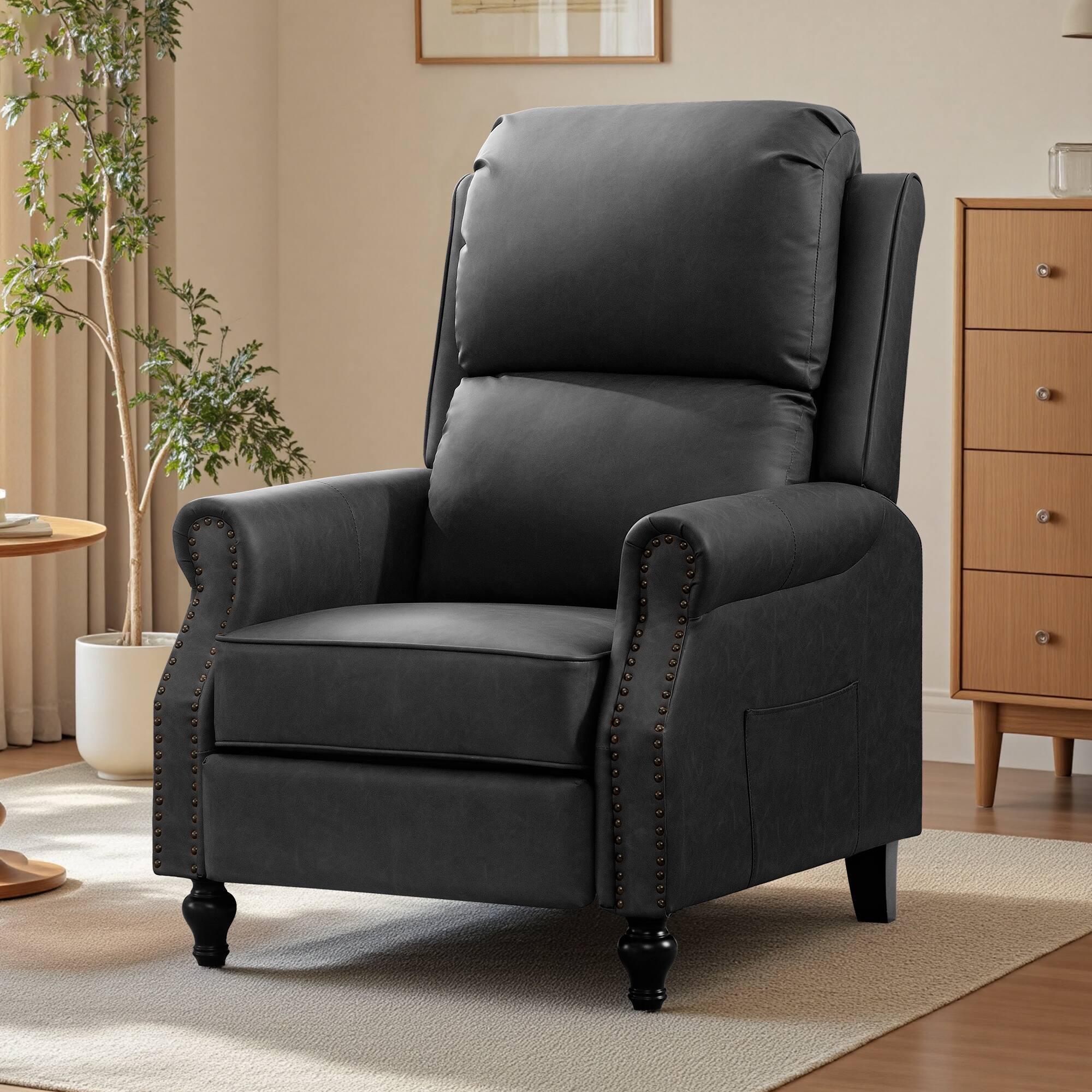 Front. KERDOM - Upholstered Recliner with Thick Seat Cushion, PU Leather Glider Push Back Accent Armchair Reading Chair with Footrest - Grey.