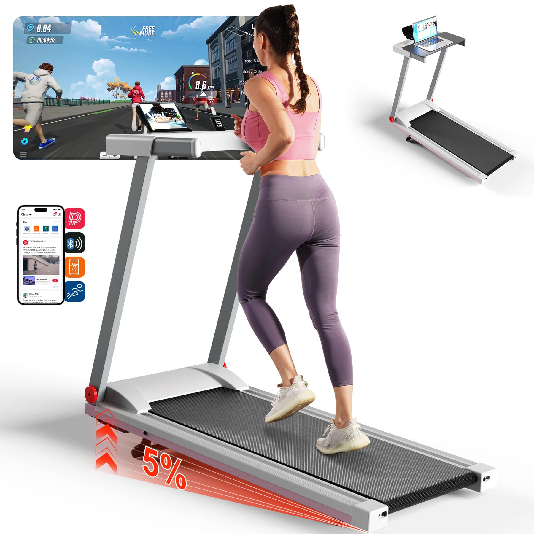 Superun - Treadmills for Home with 6% Incline and Handles Folding Running Machine with Smart APP - Graypink