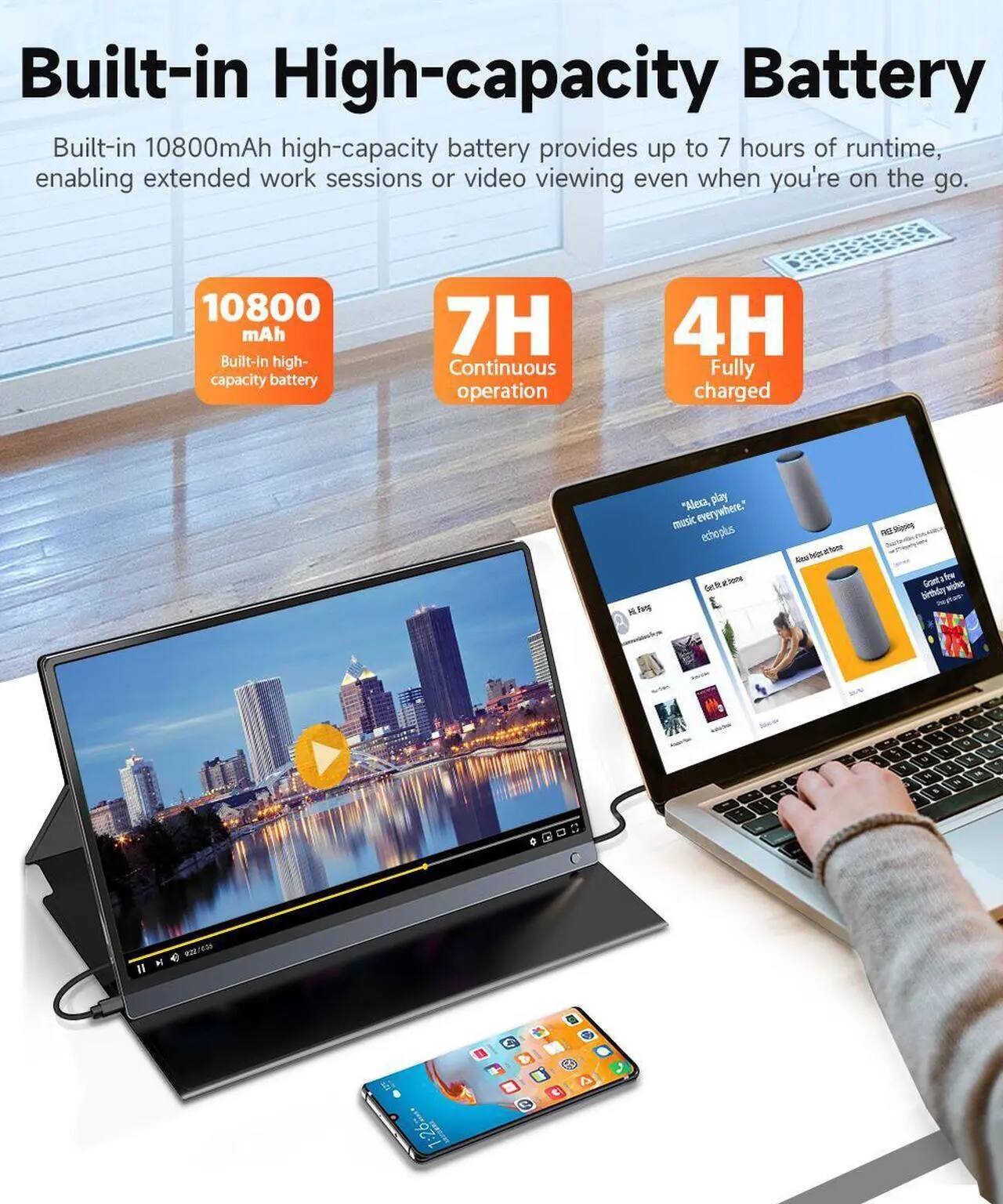 Built-in High-capacity Battery

Built-in 10800mAh high-capacity battery provides up to 7 hours of runtime, enabling extended work sessions or video viewing even when you're on the go.

10800 mAh Built-in high-capacity battery
7H Continuous operation
4H Fully charged

"Alexa, play music everywhere." echoplus

FREE Shipping Greet for birthday wisher

#22/635
CJ
1:26