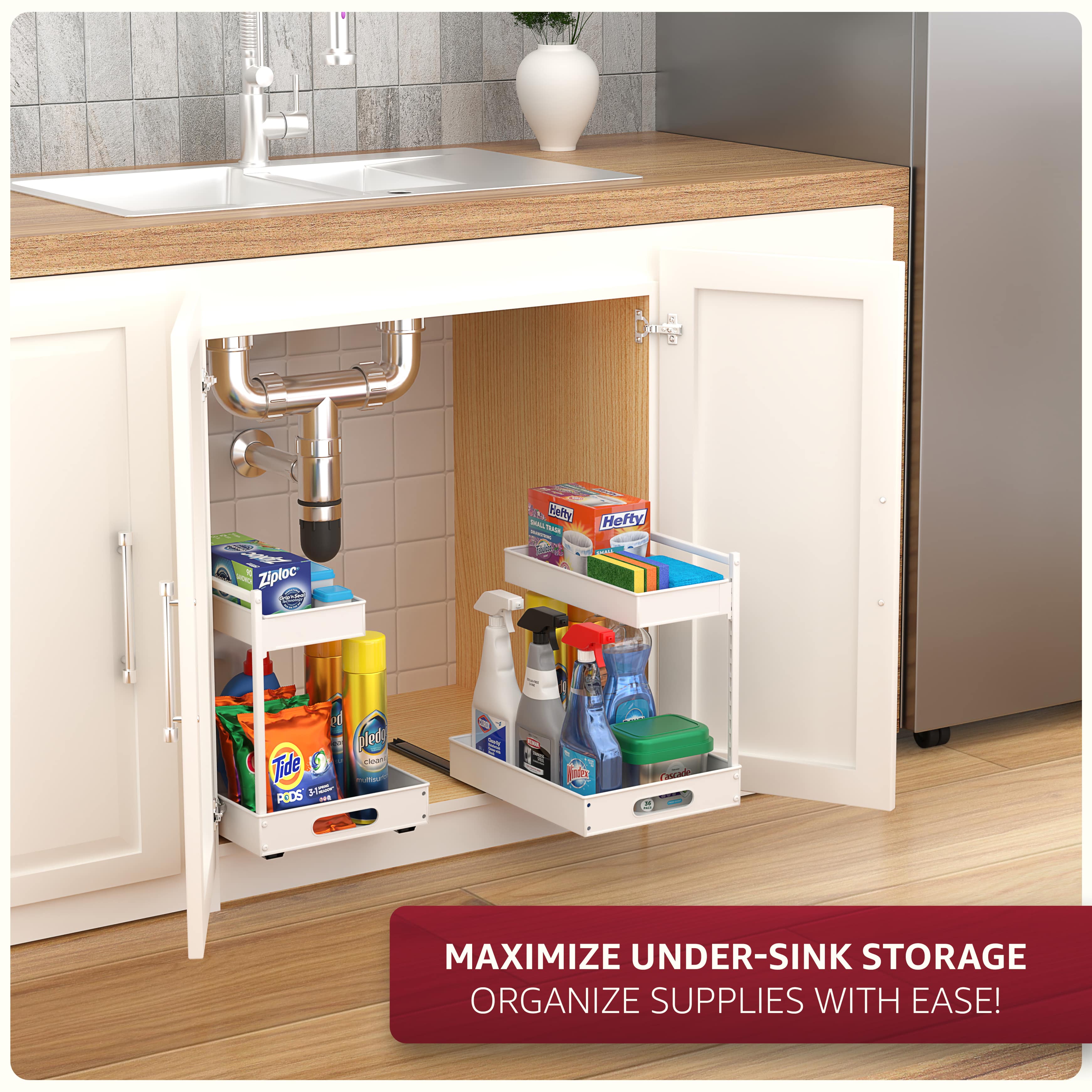 MAXIMIZE UNDER-SINK STORAGE  
ORGANIZE SUPPLIES WITH EASE!
