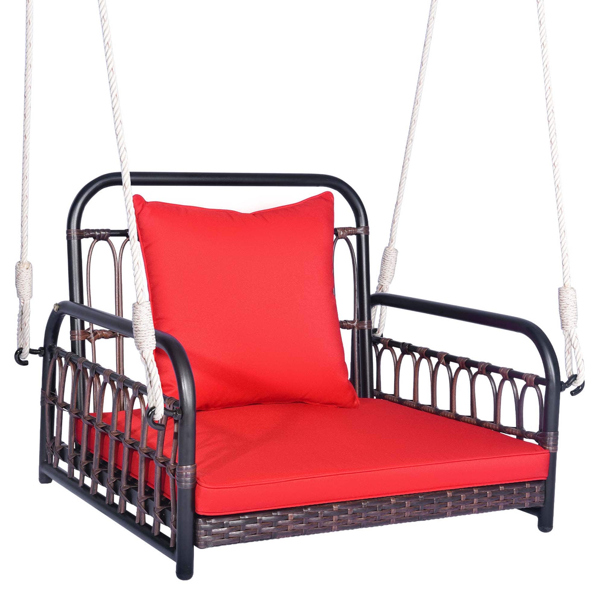 Front. Costway - Costway Patio Hanging Rattan Basket Chair Swing Hammock Chair with Seat Cushion - Mix Brown,Red.