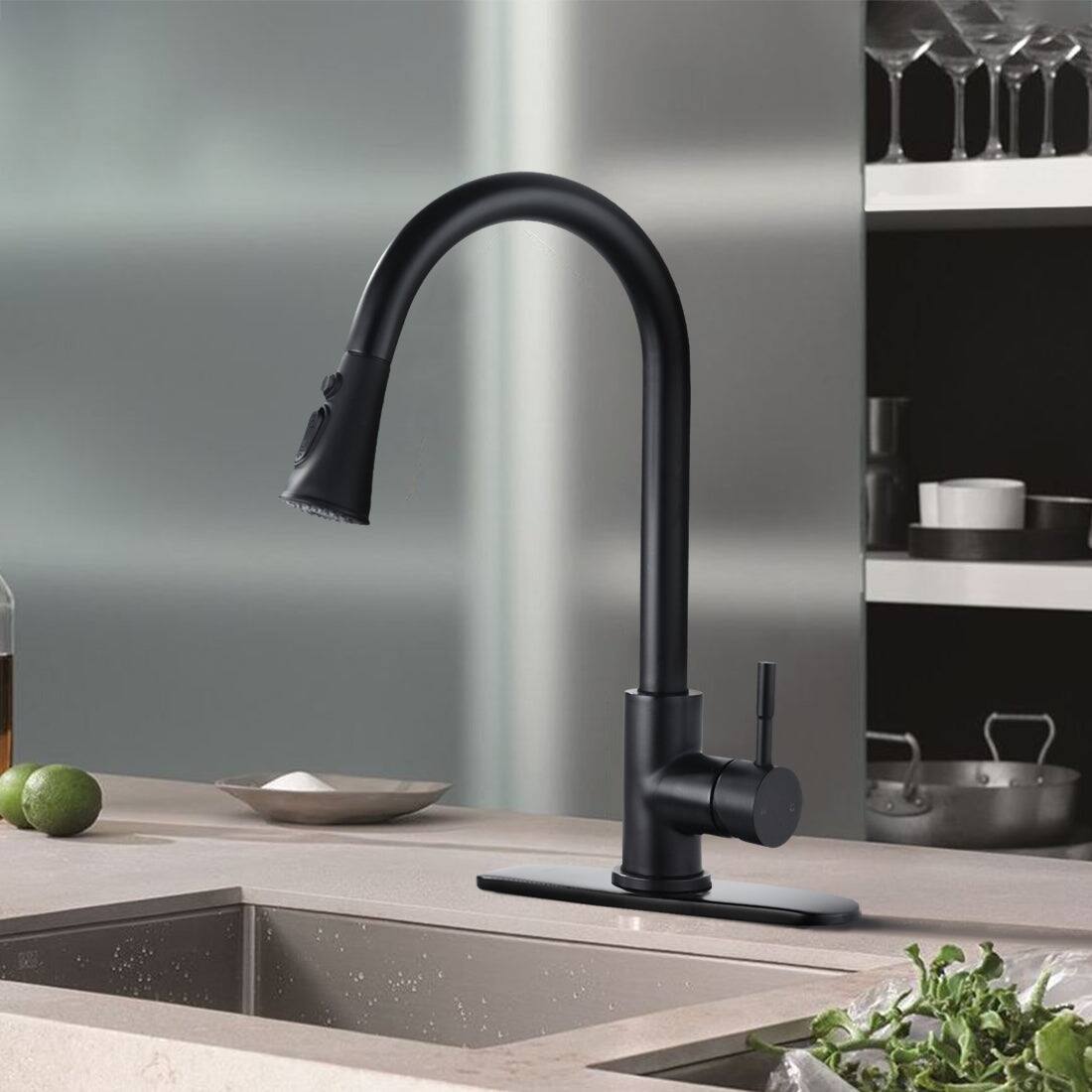 Alt View 2. Boyel Living - Black Single Handle Pull Down Sprayer Kitchen Faucet with Deck Plate - Matte Black.