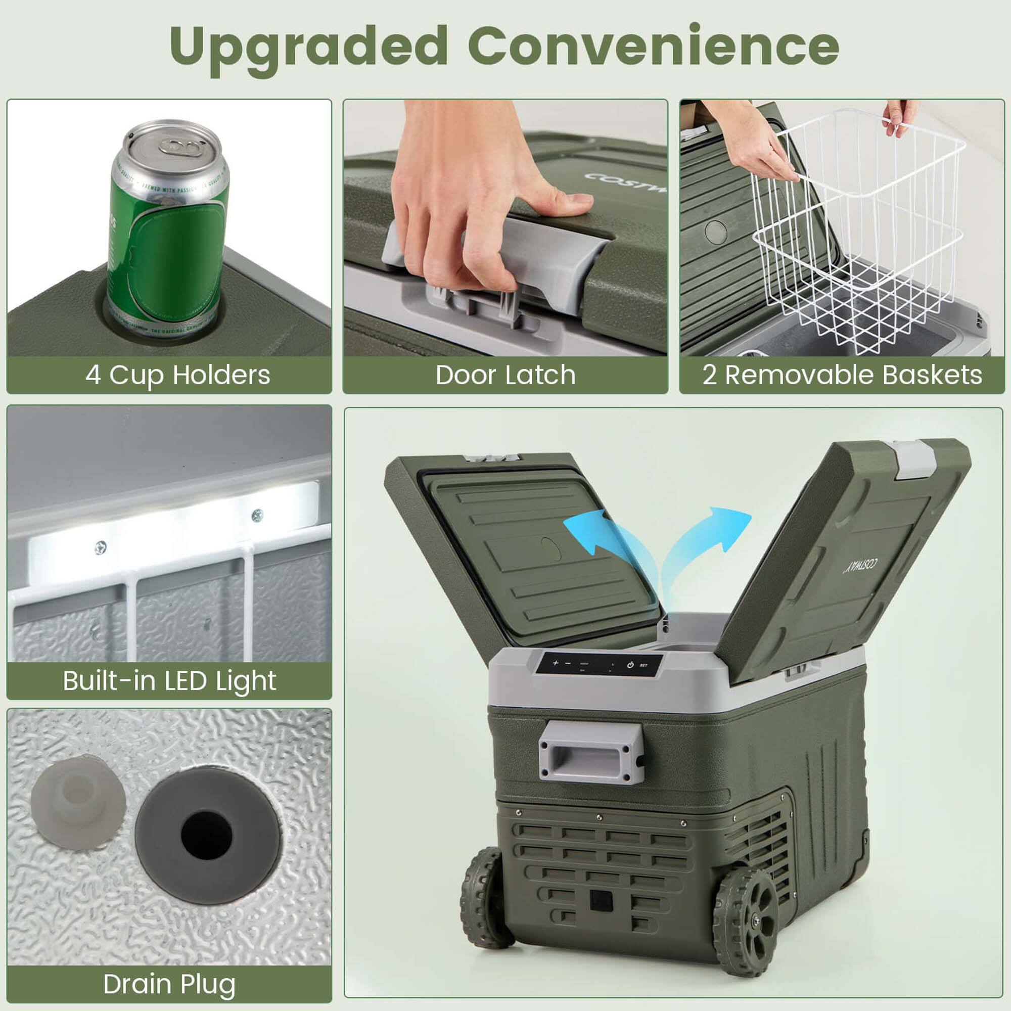 Upgraded Convenience

- 4 Cup Holders
- Door Latch
- 2 Removable Baskets
- Built-in LED Light
- Drain Plug