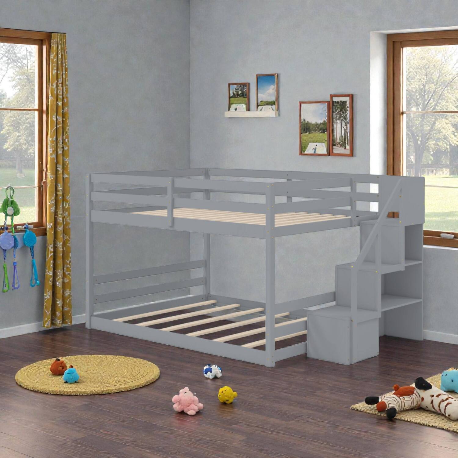 Hivvago - Wooden Full Size Bunk Bed with Space-Saving Stair Storage Feature - Gray