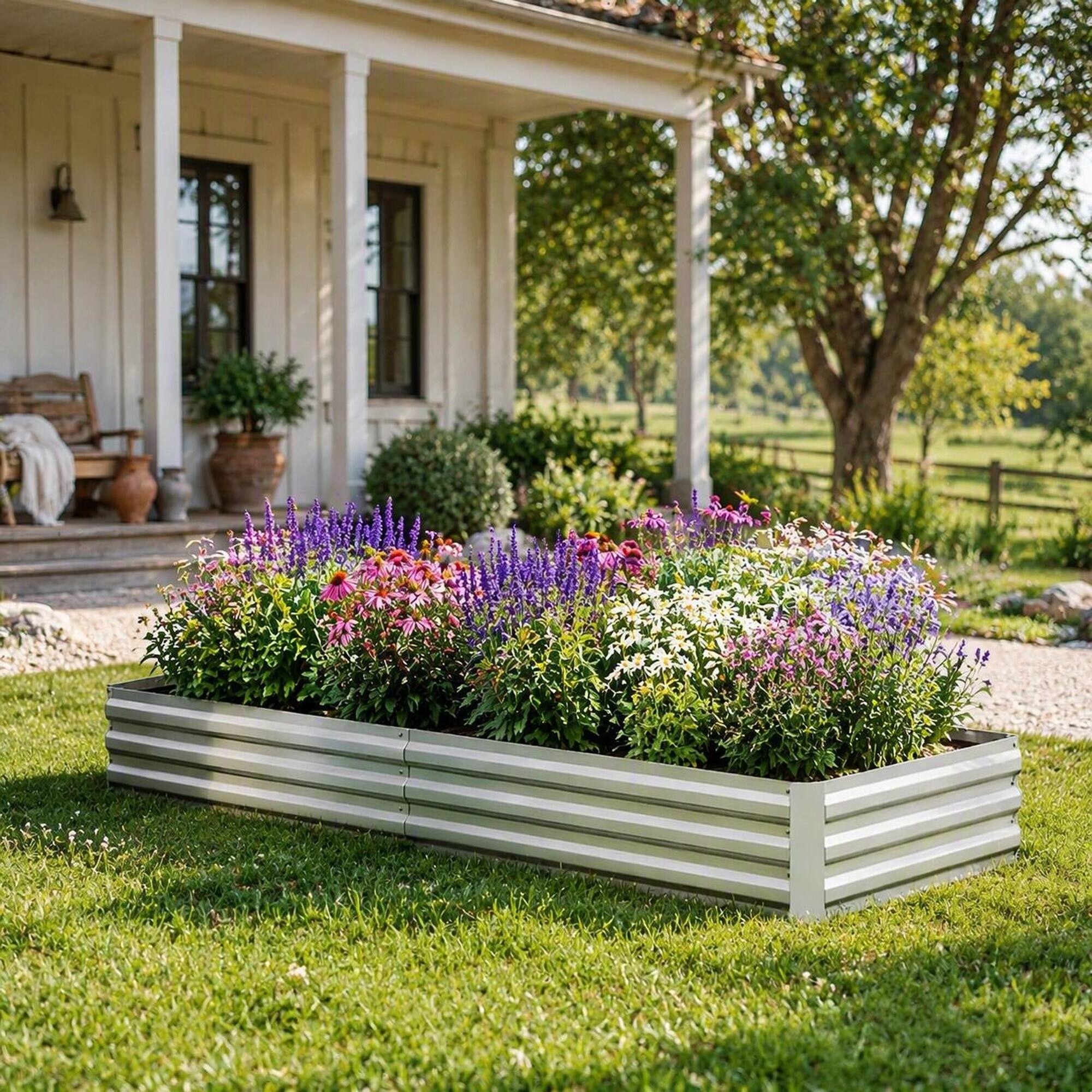 Angle. RYHNUYNE - Galvanized Steel Raised Garden Bed 95x35.75x11.75 Inch Open Bottom Metal Planter Box for Vegetables Flowers Silver - Silver.