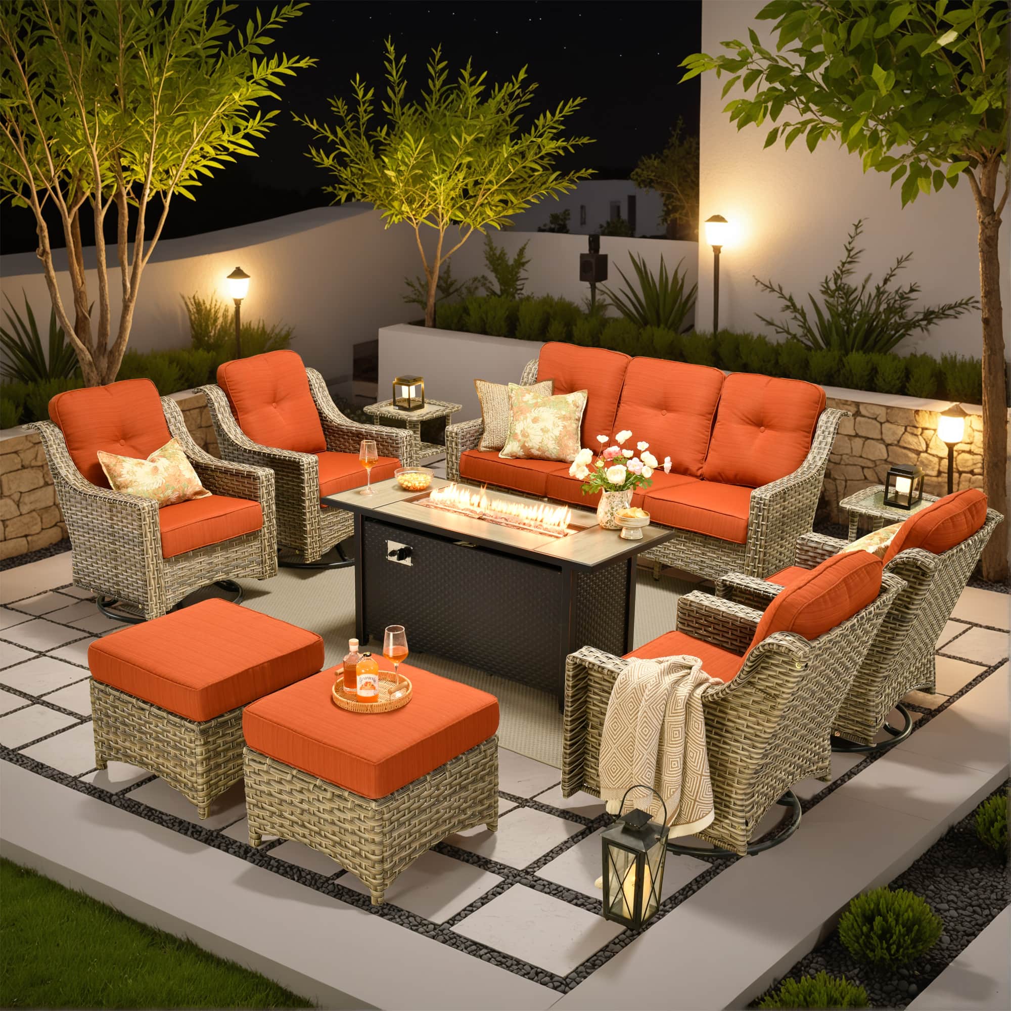 Ovios - 10 PCS Patio Furniture Set, High Back Sofa with Swivel Chair, Coffee Table & 54" Fire Pit Table - Orange Red