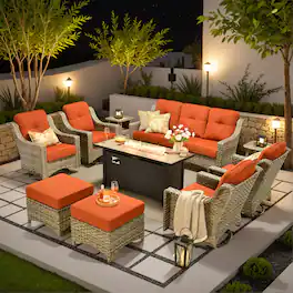 Ovios - 10 PCS Patio Furniture Set, High Back Sofa with Swivel Chair, Coffee Table & 54" Fire Pit Table - Orange Red