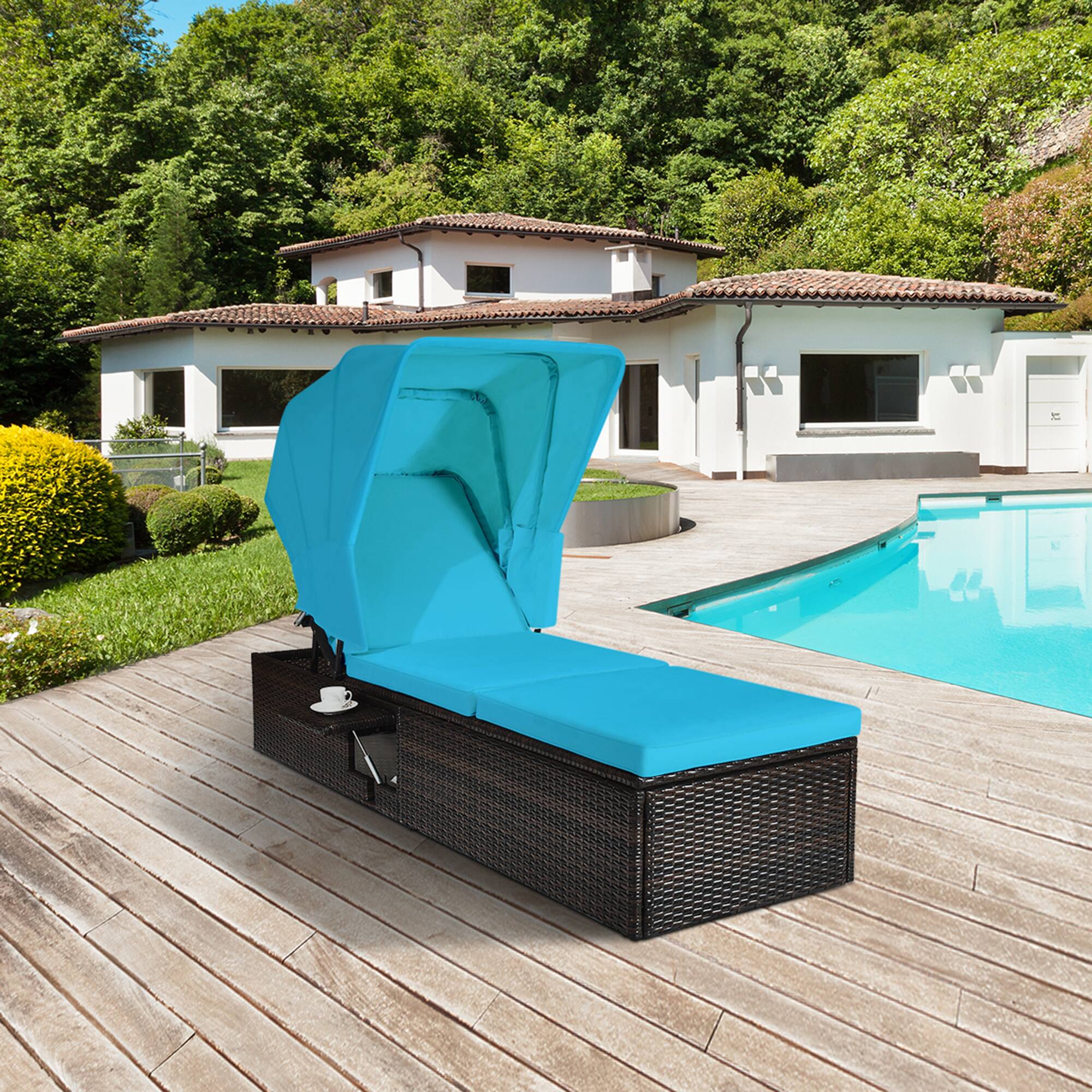 Alt View 3. Gymax - Gymax 2PCS Rattan Patio Chaise Lounge Chair W/ Adjustable Canopy Turquoise Cushion - Turquoise + Brown.