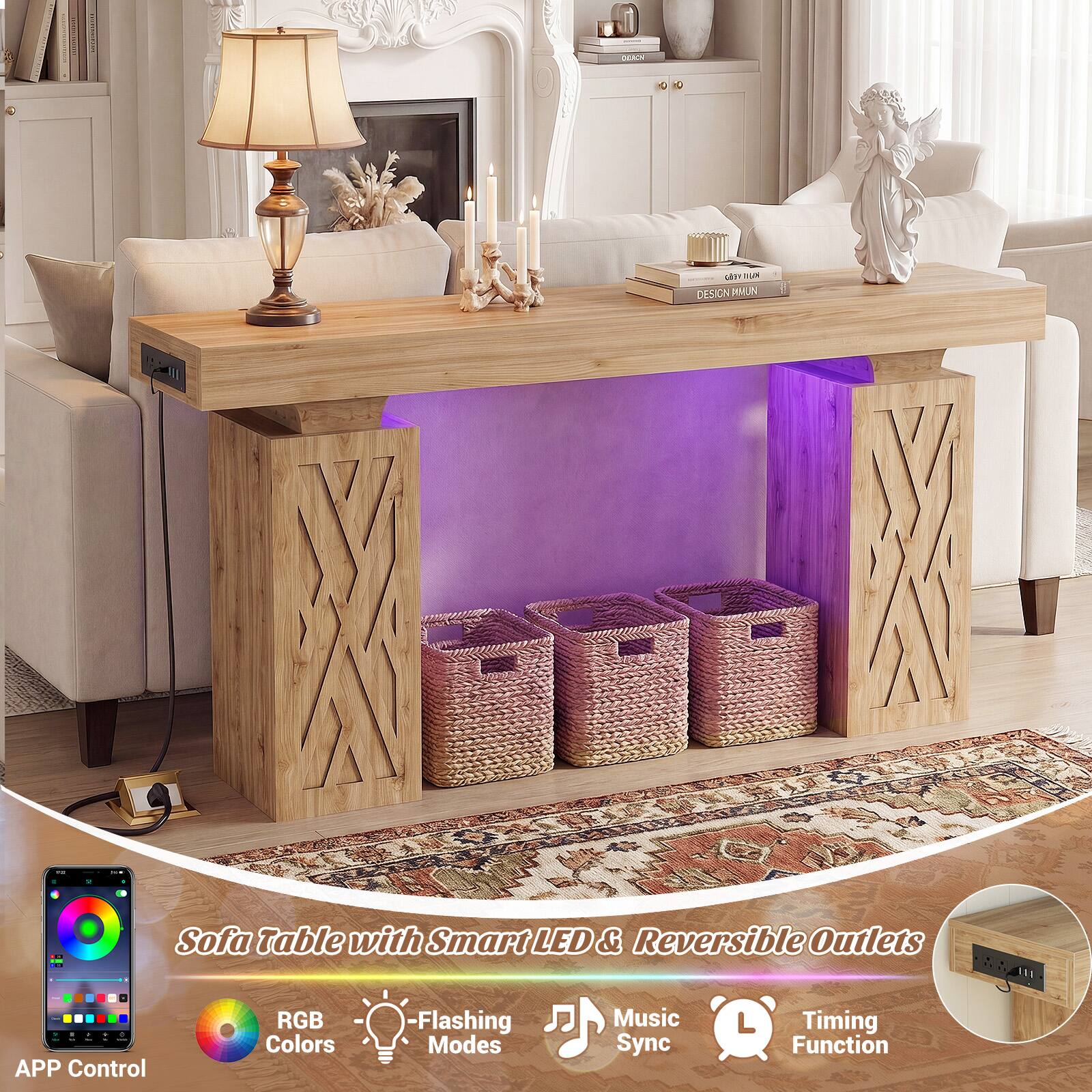 MAN GE um DESIGN MMUN I Sofa Table with Smart LED & Reversible Outlets 2. RGB - Flashing Music Timing - Colors Modes Sync Function APP Control