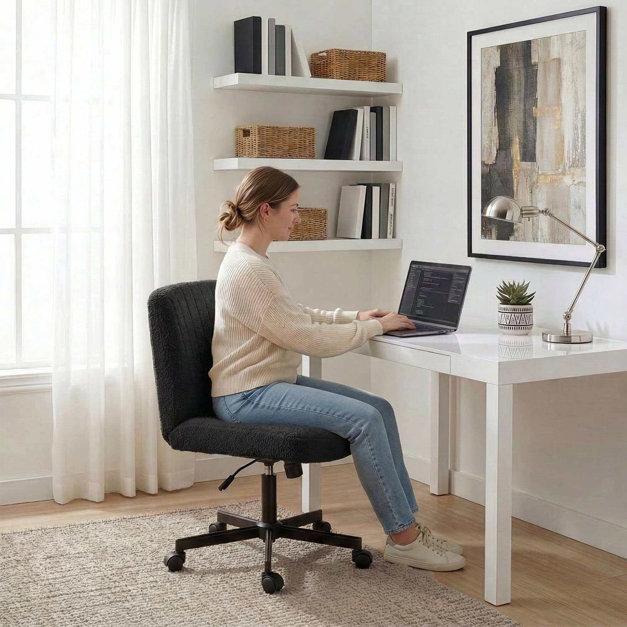 Alt View 1. Neo Chair - Criss Cross Chair with Wheels, Teddy Fabric Armless Office Chair, Ergonomic Wide Seat Computer Desk Chair - Teddy Fabric-Black.