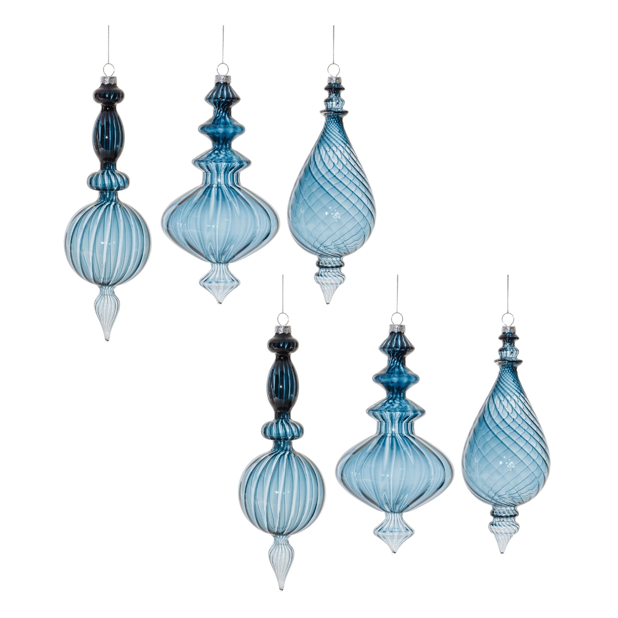 Left. BreeBe - Blue Ribbed Glass Finial Drop Ornament (Set of 6) - Blue.
