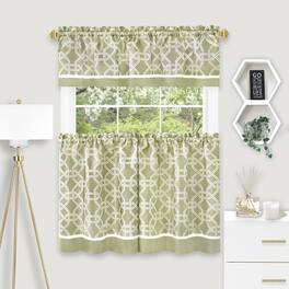 Kate Aurora - Geometric Crescent 3 Piece Rod Pocket Cafe Kitchen Curtain Tier & Valance Set - 24 in. Long - Green