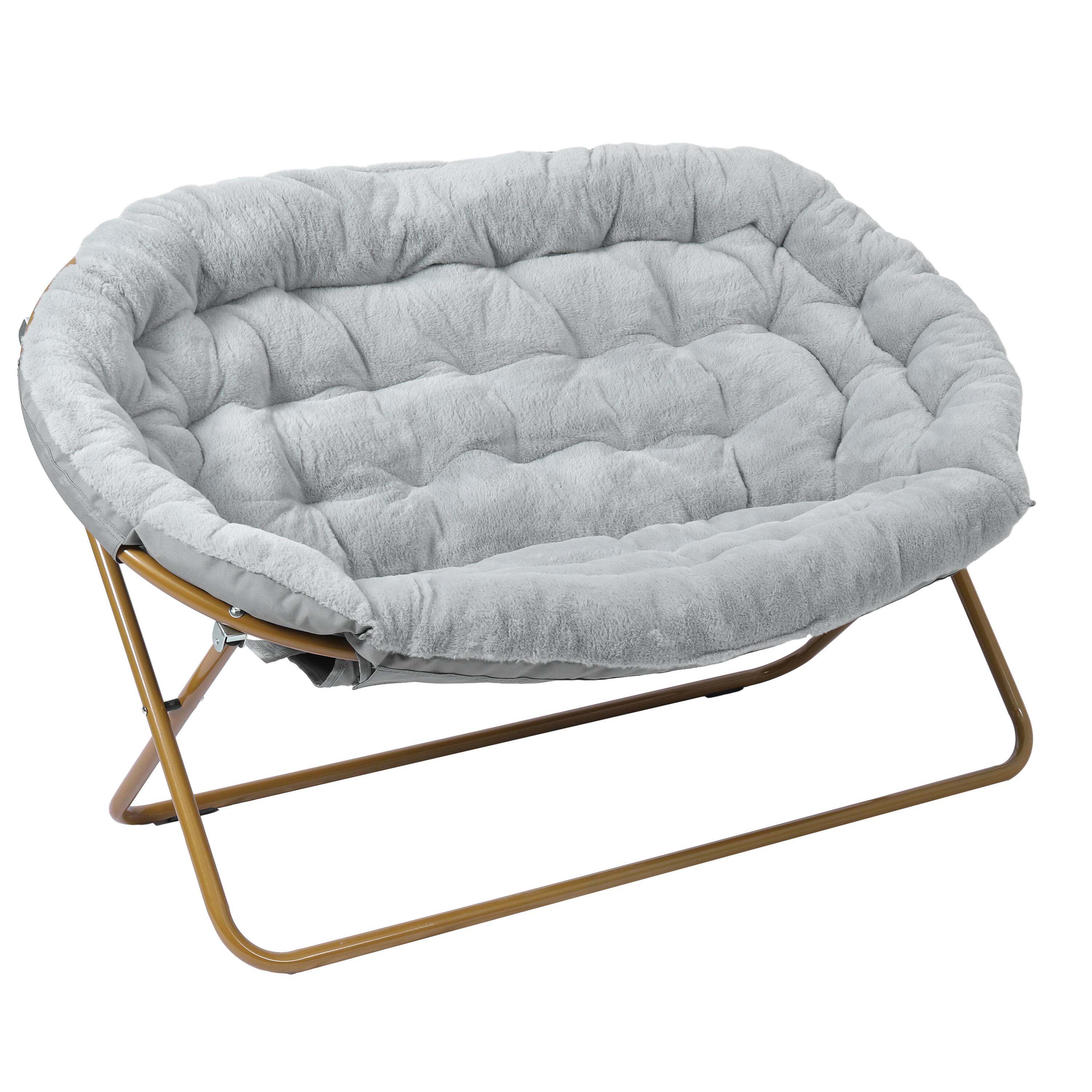 Alt View 9. Emma + Oliver - Janey Folding Double Saucer Chair with 2 Ottomans and Steel Frame for Dorm or Bedroom - Gray Fabric/Soft Gold Frame.