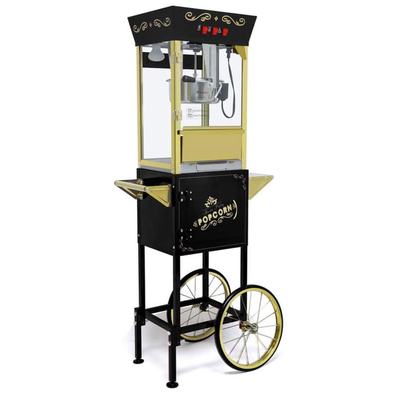 Wikistore - 12oz Popcorn Machine Cart Popcorn Cart with Wheels Vintage Popcorn Machine with Stainless Steel Kettle Movie Theater - Black