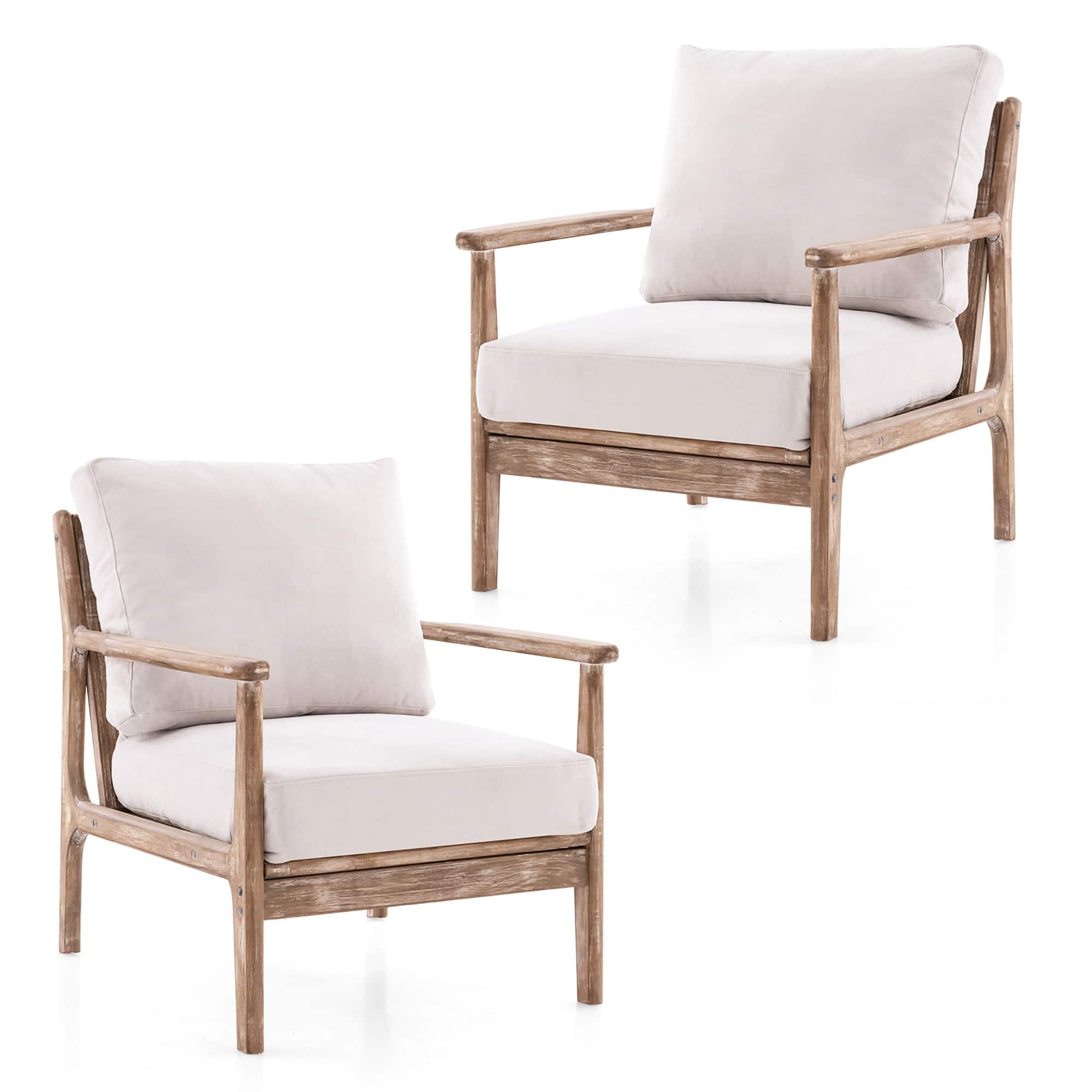 Gymax - Wooden Accent Chair 2 Set Armchair w/ Solid Wood Frame Removable Seat Cushion - Beige