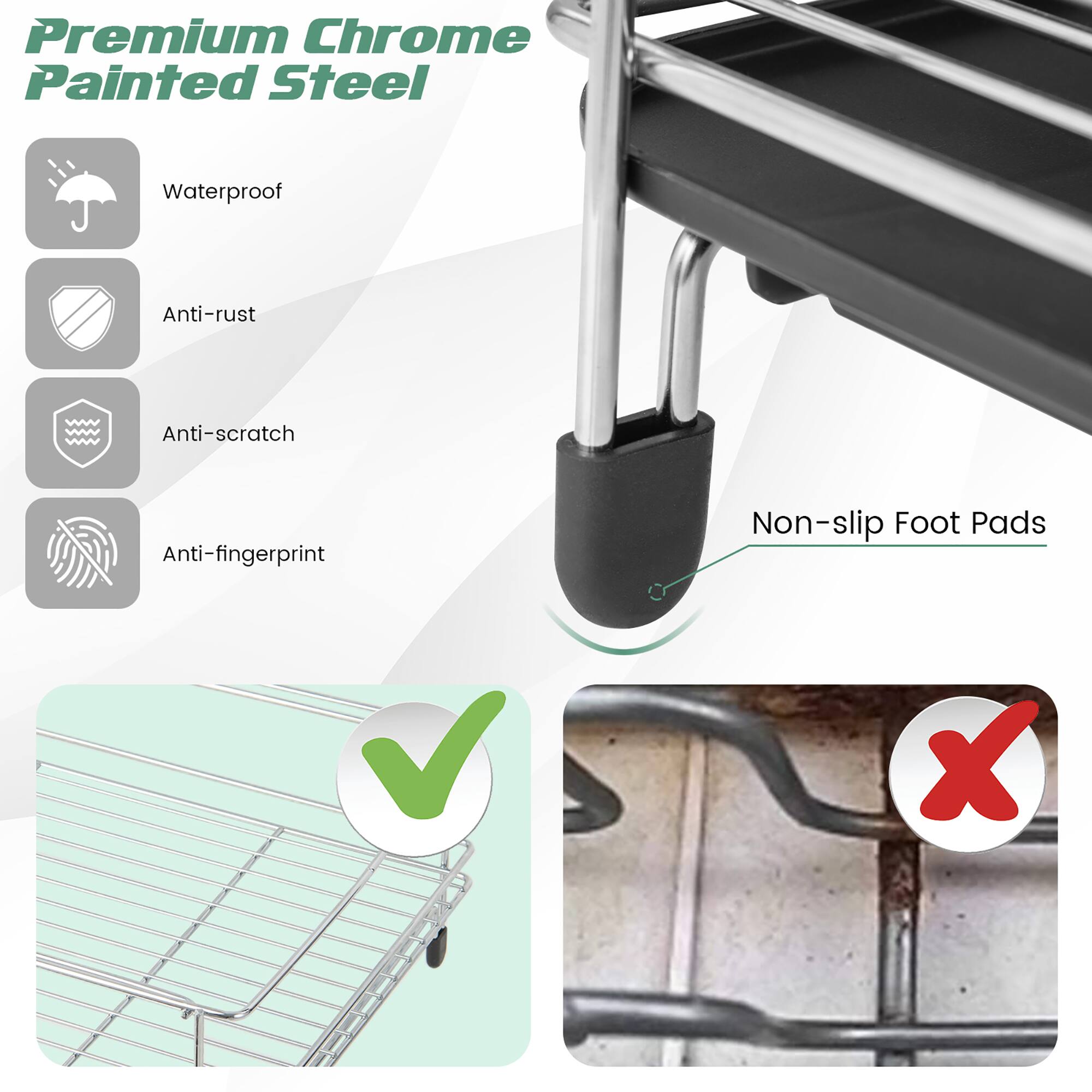 Premium Chrome Painted Steel

- Waterproof
- Anti-rust
- Anti-scratch
- Anti-fingerprint
- Non-slip Foot Pads