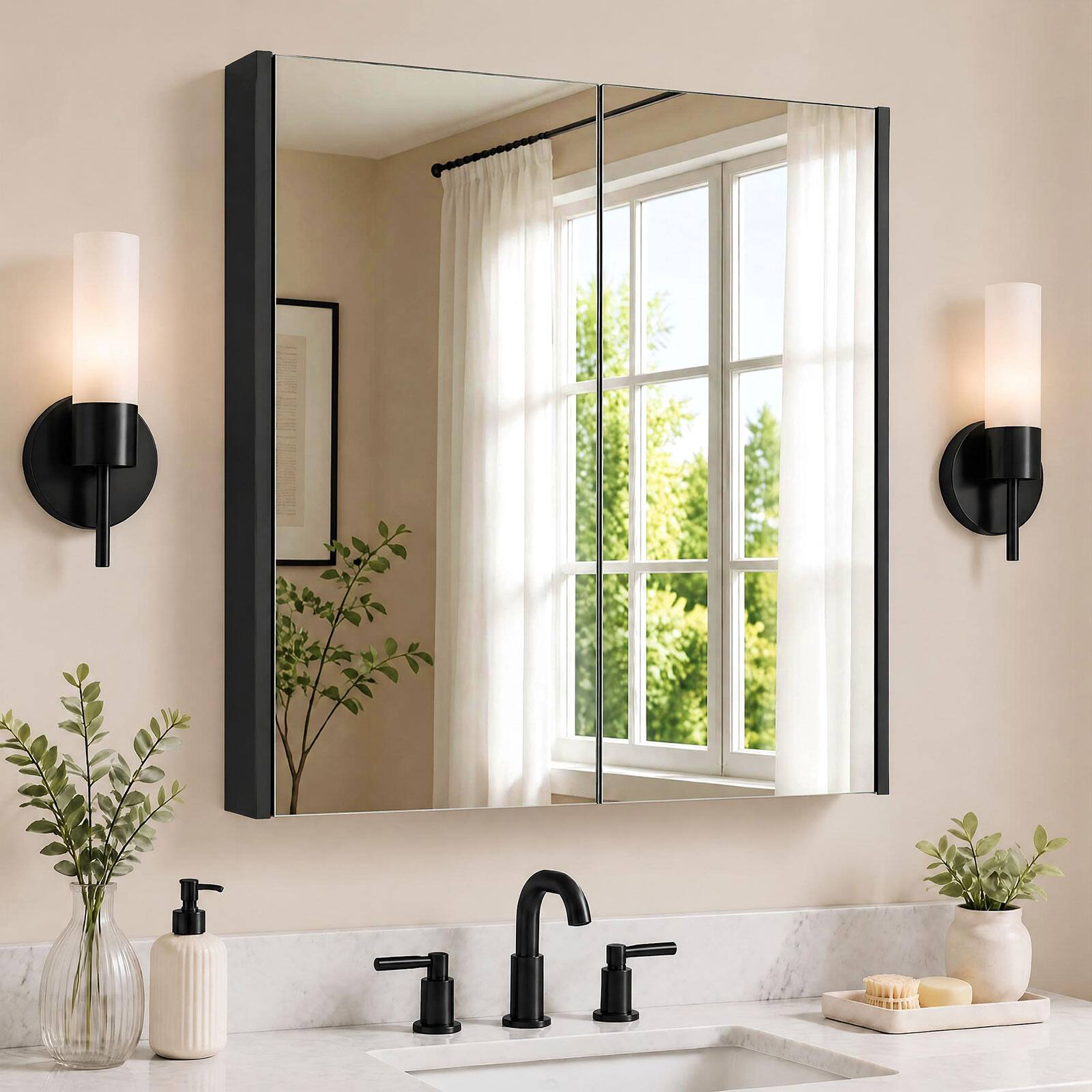 Alt View 1. Costway - Costway 24.5" x 25.5" Bathroom Wall Cabinet with Double Mirrored Doors & Adjustable Shelf - Black.