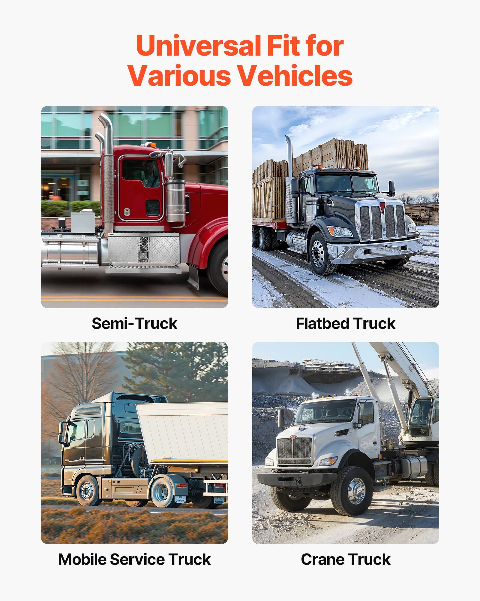 Universal Fit for Various Vehicles

- Semi-Truck
- Flatbed Truck
- Mobile Service Truck
- Crane Truck