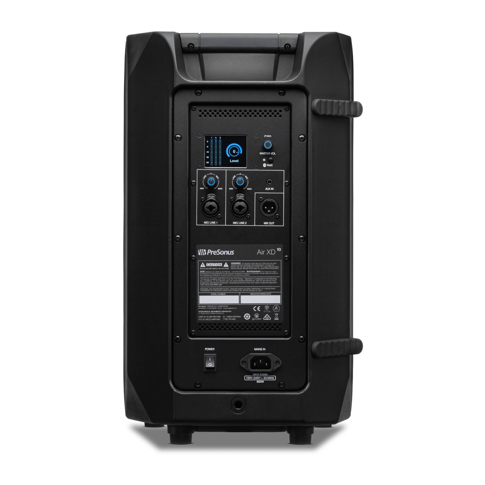 PreSonus Air XD 10

- Level 1
- Level 2
- Mic/Line 1
- Mic/Line 2
- Aux Out
- Master Out
- Power

- Master Vol
- PFL
- ALTA

- PreSonus
- Air XD 10

- CE
- REACH
- RoHS

- Model: AIRXD10
- Serial Number: [Blank]

- Power