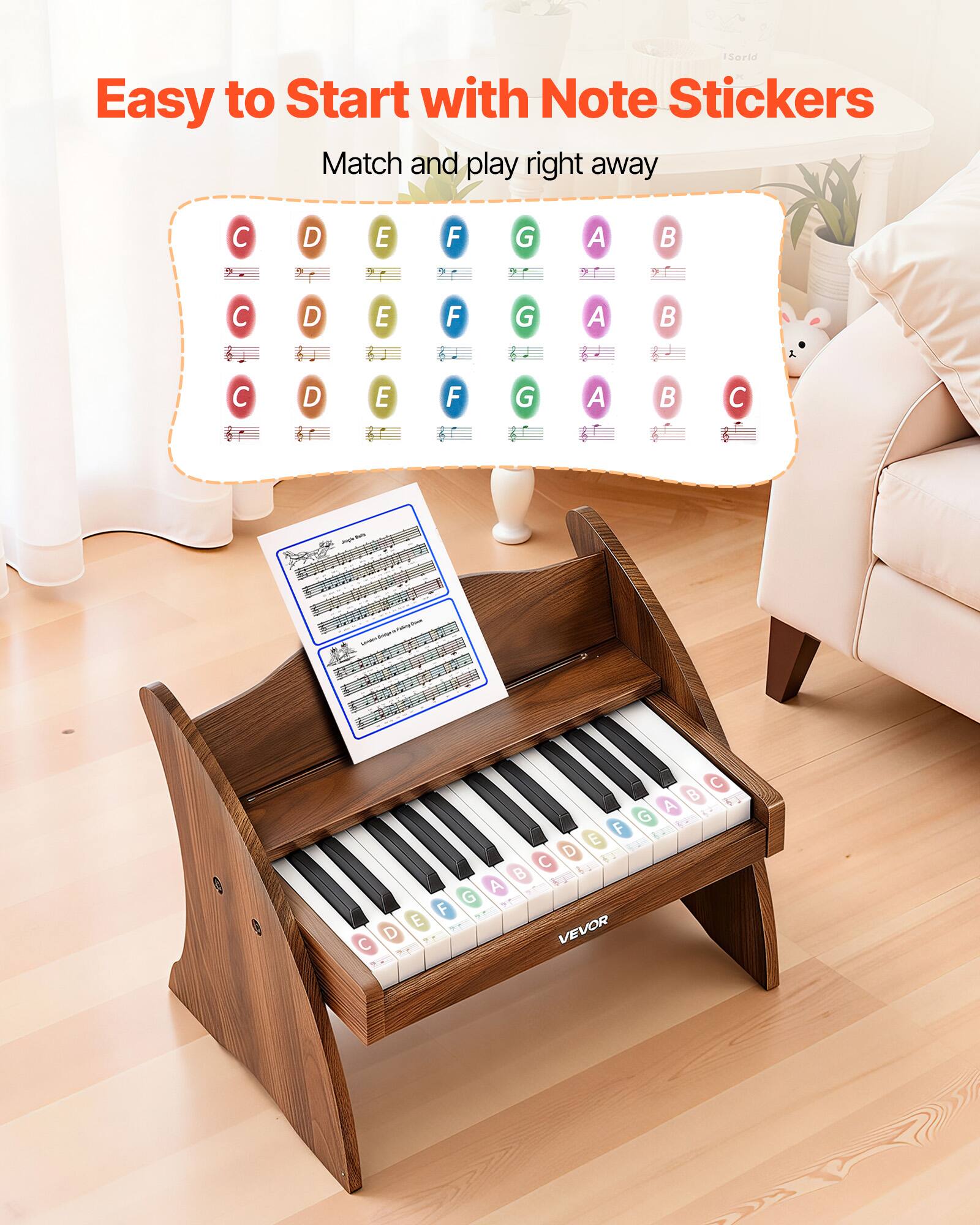 Easy to Start with Note Stickers  
Match and play right away  

C D E F G A B C D E F G A  
C D E F G A  
C - C B A G F E D 4T C & B A G " 1 F E VEVOR D C