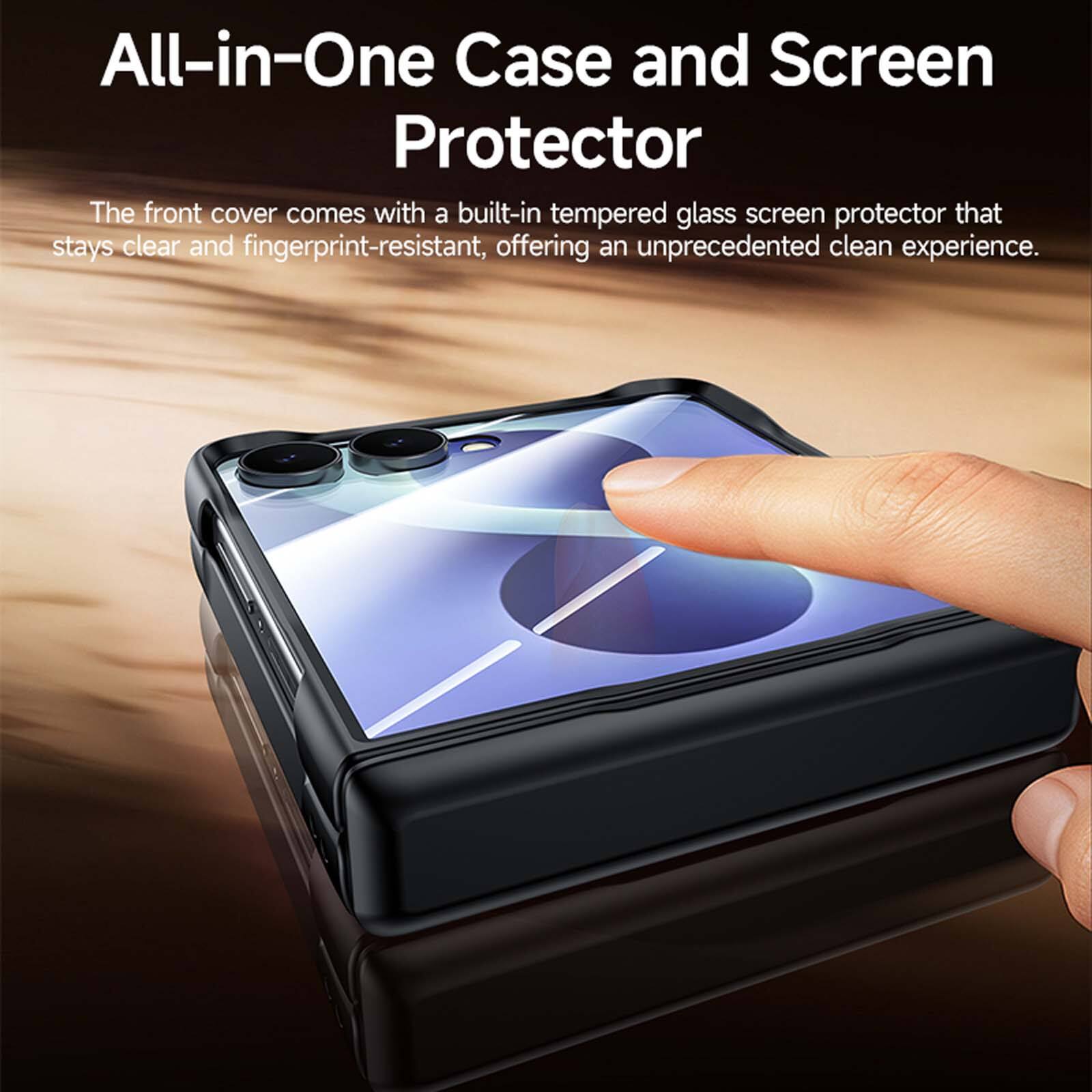 All-in-One Case and Screen Protector

The front cover comes with a built-in tempered glass screen protector that stays clear and fingerprint-resistant, offering an unprecedented clean experience.
