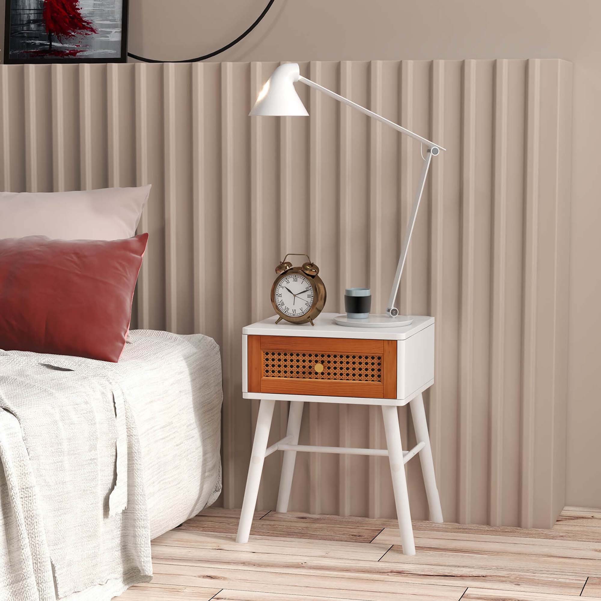 Angle. Costway - 1 PCS Nightstand with Storage Drawer Rattan Decoration Solid Wood Legs for Bedroom - White + Brown.