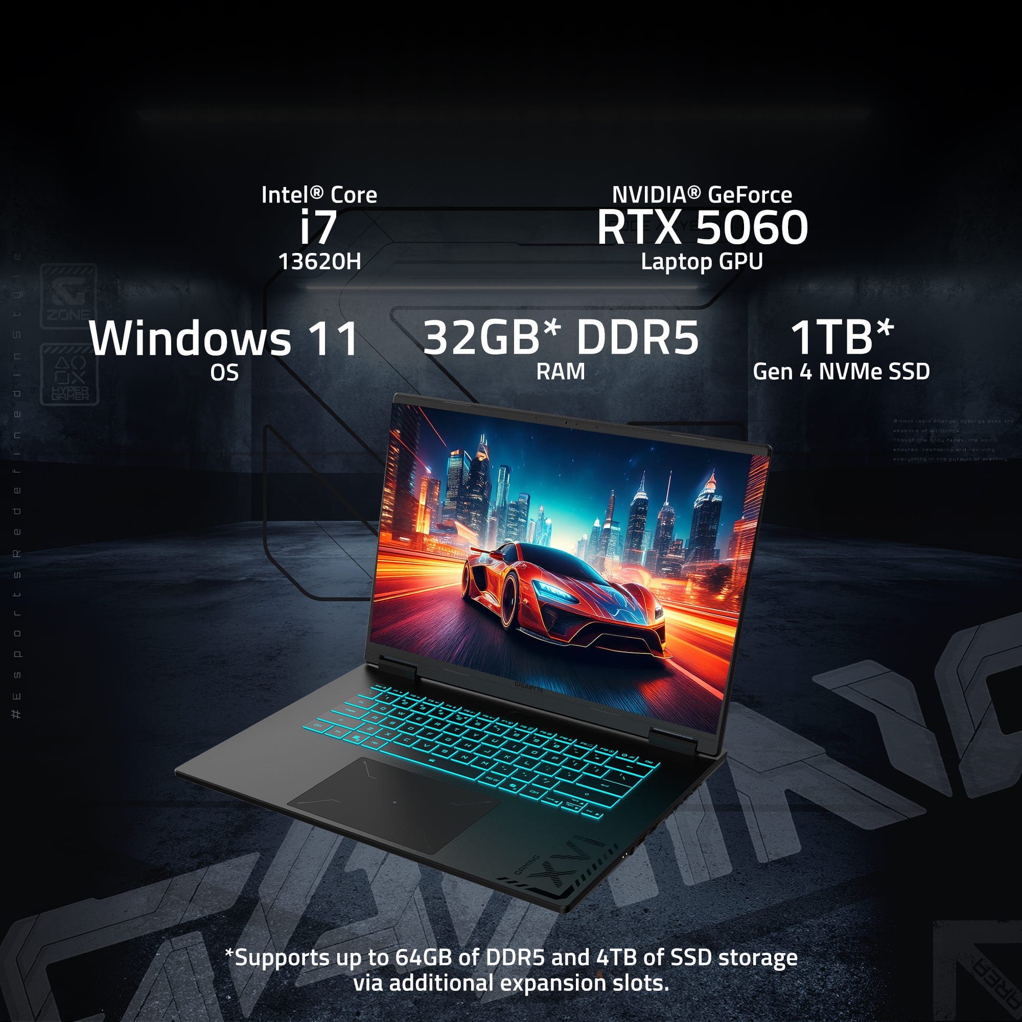 J - Intel Core NVIDIA GeForce i7 RTX 5060 13620H Laptop GPU S ZONE Windows 11 32GB* DDR5 1TB* AO OX os RAM Gen 4 NVMe SSD EPER a L - e d a . - a - a - . . - re . I - - . - - - 1 . - a - - - - - - . - - N : 1 A 1 - : - / - - . 1 - - I - XVI *Supports up to 64GB of DDR5 and 4TB of SSD storage via additional expansion slots. AREA