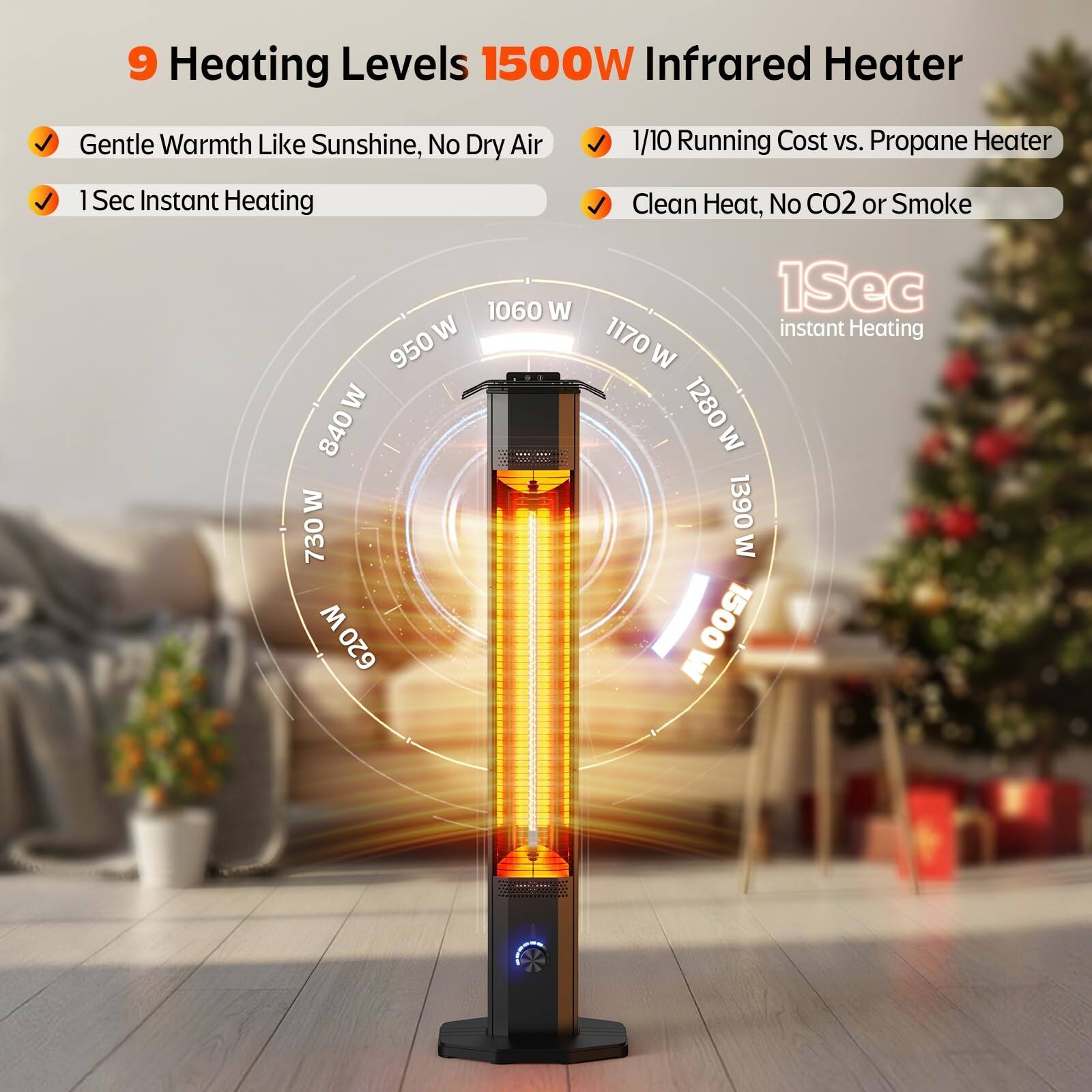 9 Heating Levels 1500W Infrared Heater Gentle Warmth Like Sunshine, No Dry Air 1/10 Running Cost vs. Propane Heater 1 Sec Instant Heating Clean Heat, No CO2 or Smoke

1060 W
950 W
840 W
730 W
620 W
1170 W
1280 W
1390 W
1500 W
