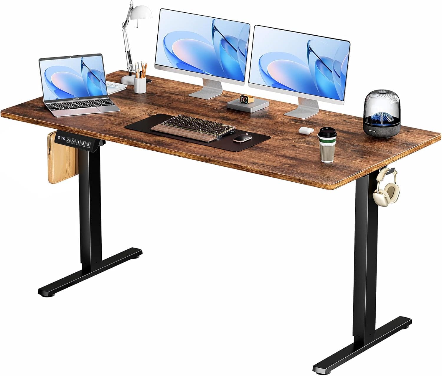 AOITUN - Electric Adjustable Height Standing Desk, 63 inch Sit to Stand Up Desk with Splice Board, Rising Home Office Table - Rustic Brown