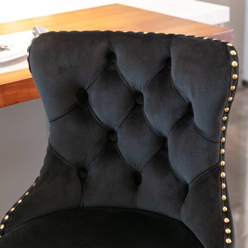 Alt View 4. LUCKY ONE - Assembled Adjustable Height Swivel Bar Stool Set of 2 Velvet Tufted with Golden Metal Base - Black.