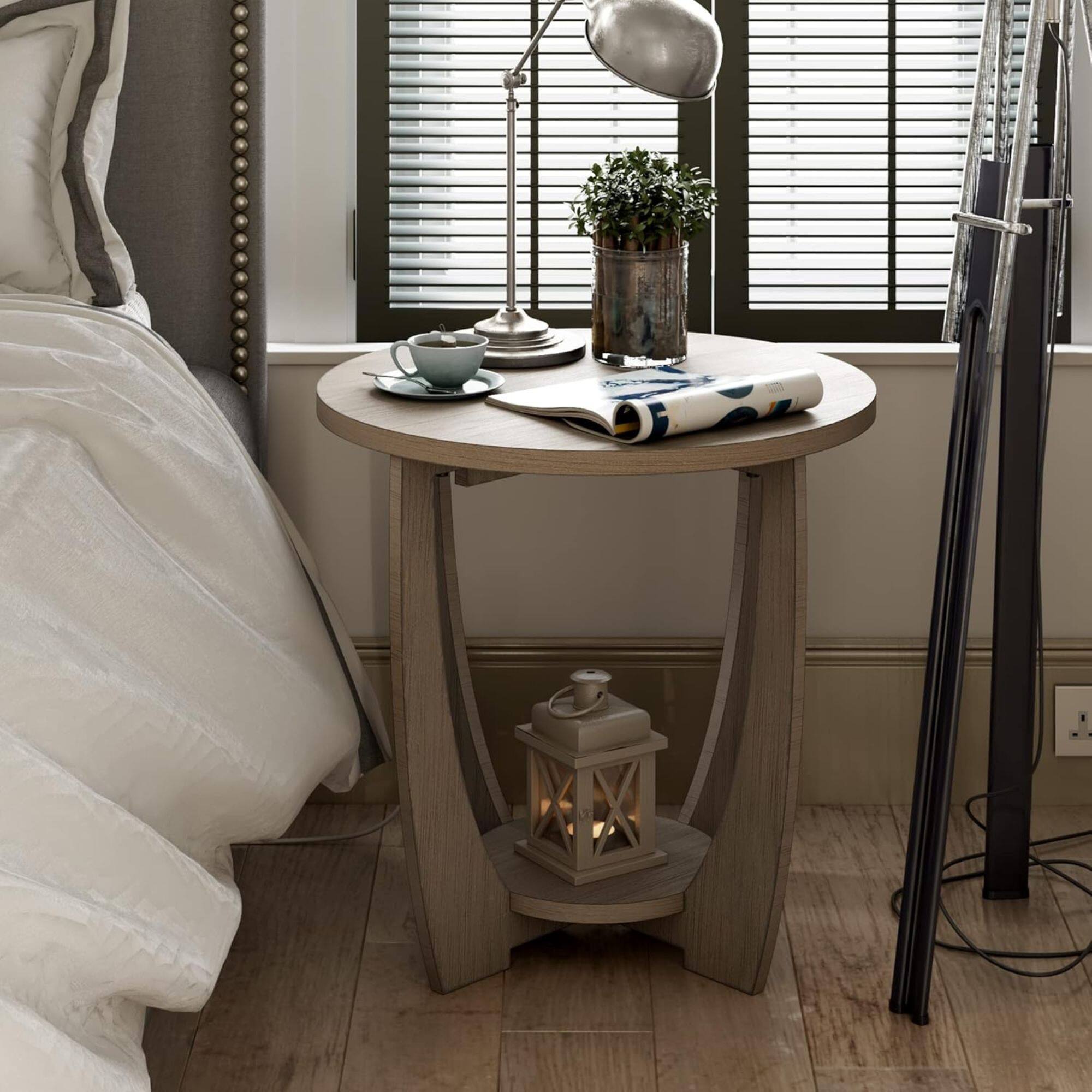 Alt View 5. COZAYH - COZAYH Rustic Farmhouse Round End Table with Storage Shelf for Living Room, Grey - Vintage Grey.