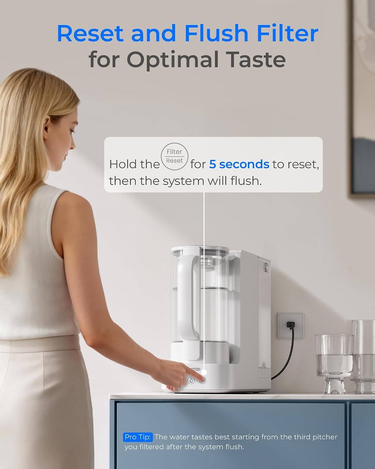 Reset and Flush Filter for Optimal Taste

Hold the Filter Reset for 5 seconds to reset, then the system will flush.

Pro Tip: The water tastes best starting from the third pitcher you filtered after the system flush.