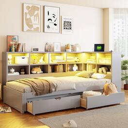Whisen - Twin XL to King Size Daybed with Two Storage Drawers, Storage Cabinets LED Light and USB Ports - Gray