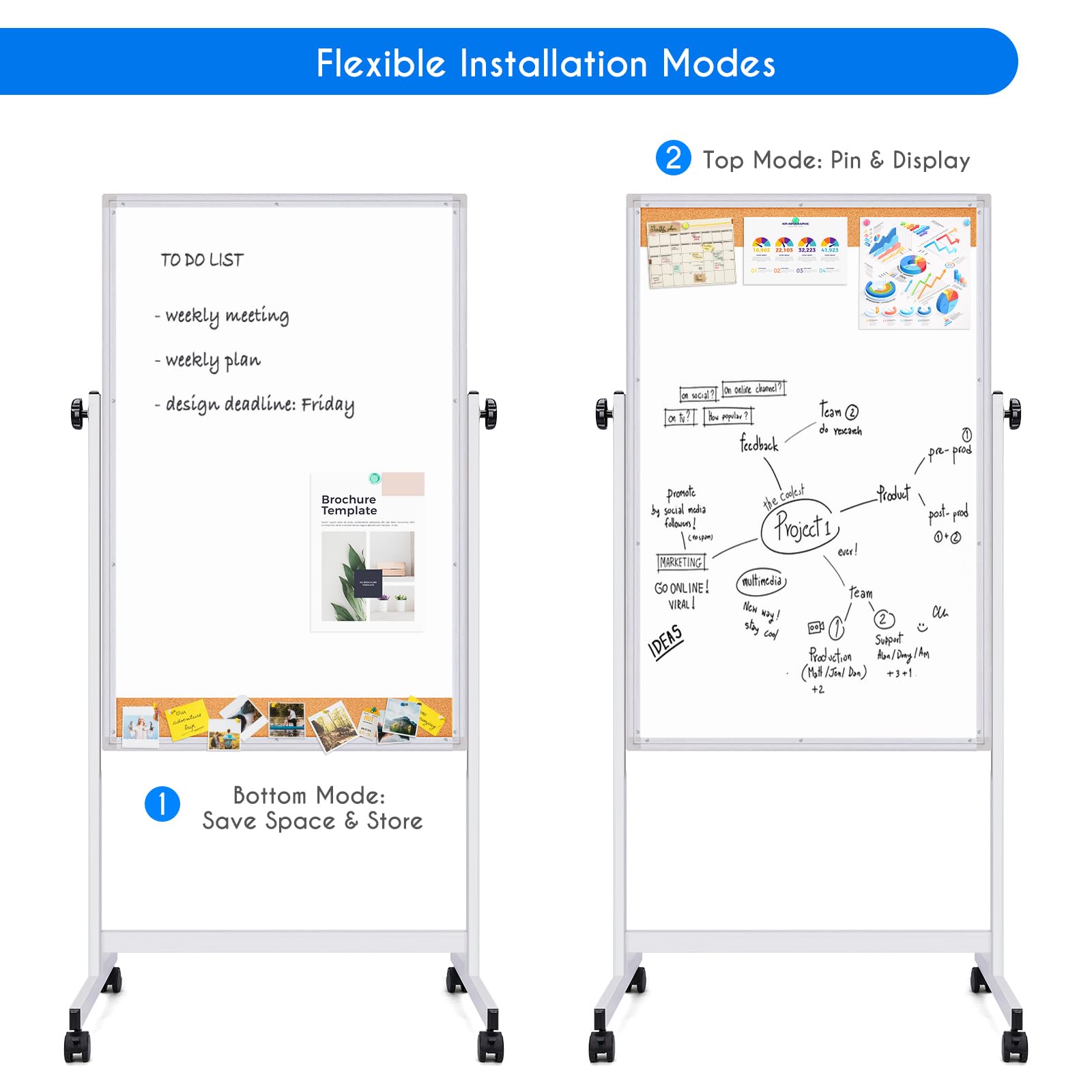 Flexible Installation Modes

2 Top Mode: Pin & Display

- TO DO LIST
  - weekly meeting
  - weekly plan
  - design deadline: Friday

- Brochure Template

1 Bottom Mode: Save Space & Store
