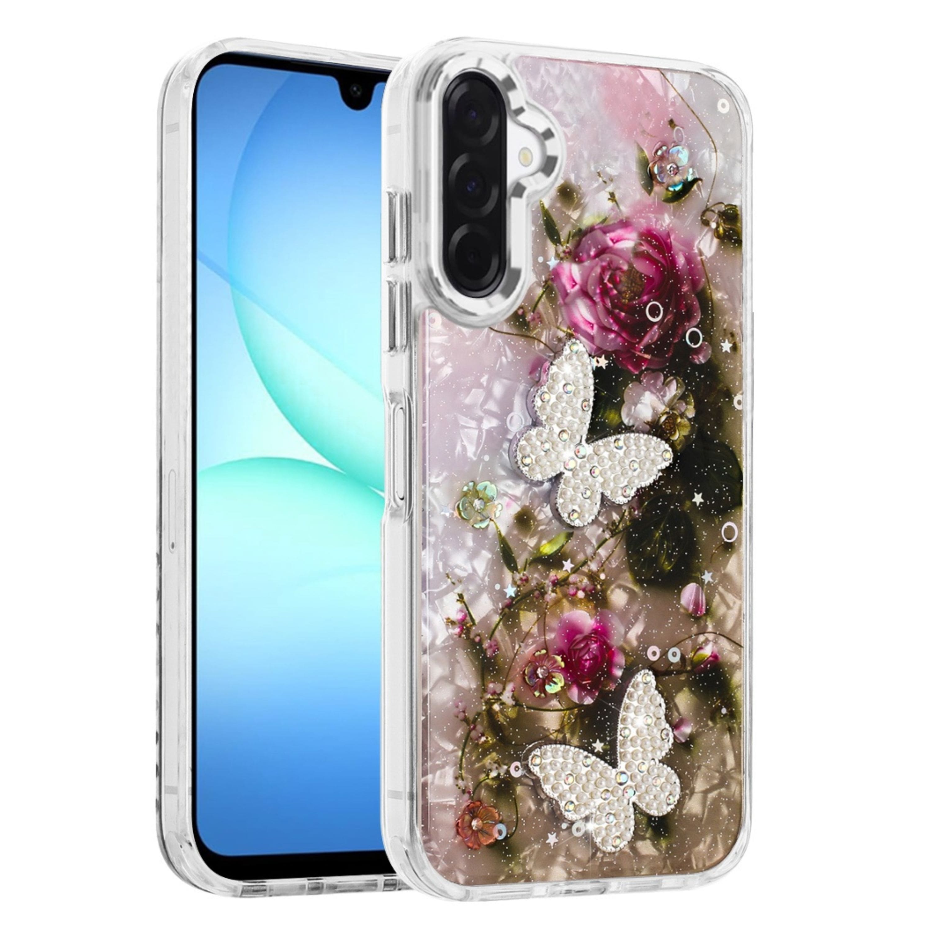 Kitcheniva - Epoxy Glitter 3D Beaded Butterflies Design Phone Case With Tempered Glass For Samsung Galaxy A17 5G Rose - Multicolor