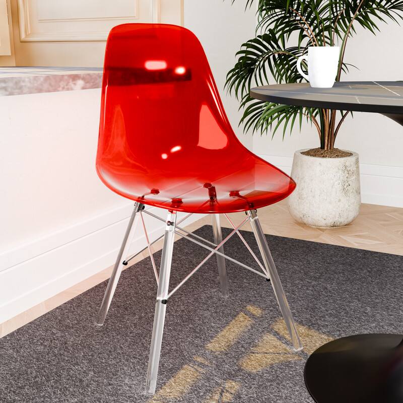 Angle. LeisureMod - Dover Modern Acrylic Accent Side Chair with Eifel Design Legs for Dining Room, Kitchen and Home Office - Transparent Red.