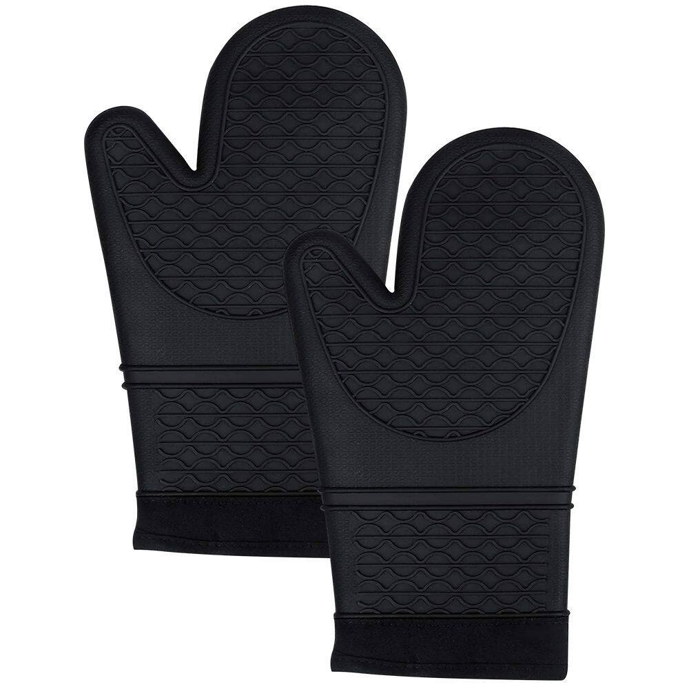 Front. MOVSSOU - Silicone Oven Mitts Heat Resistant Non-Slip Black - black.