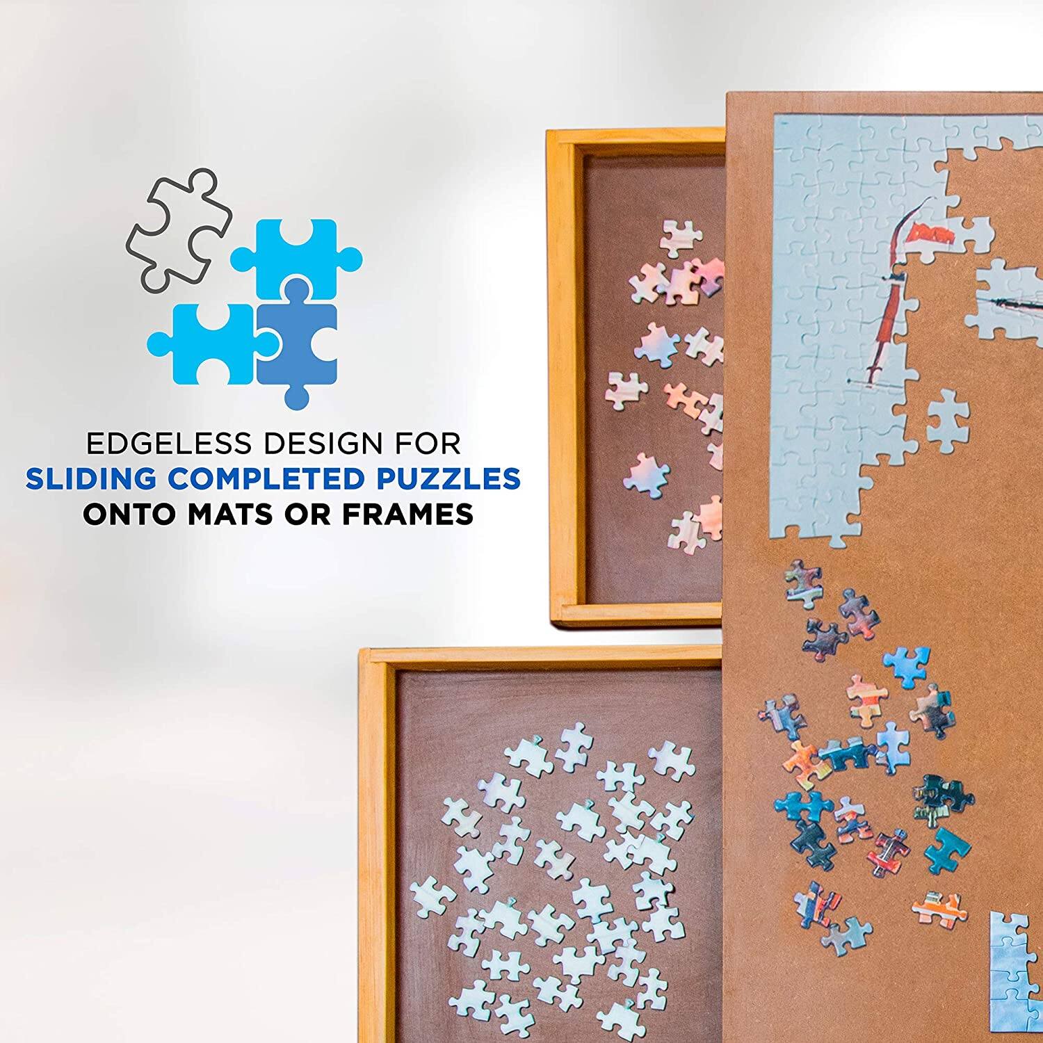 EDGELESS DESIGN FOR SLIDING COMPLETED PUZZLES ONTO MATS OR FRAMES
