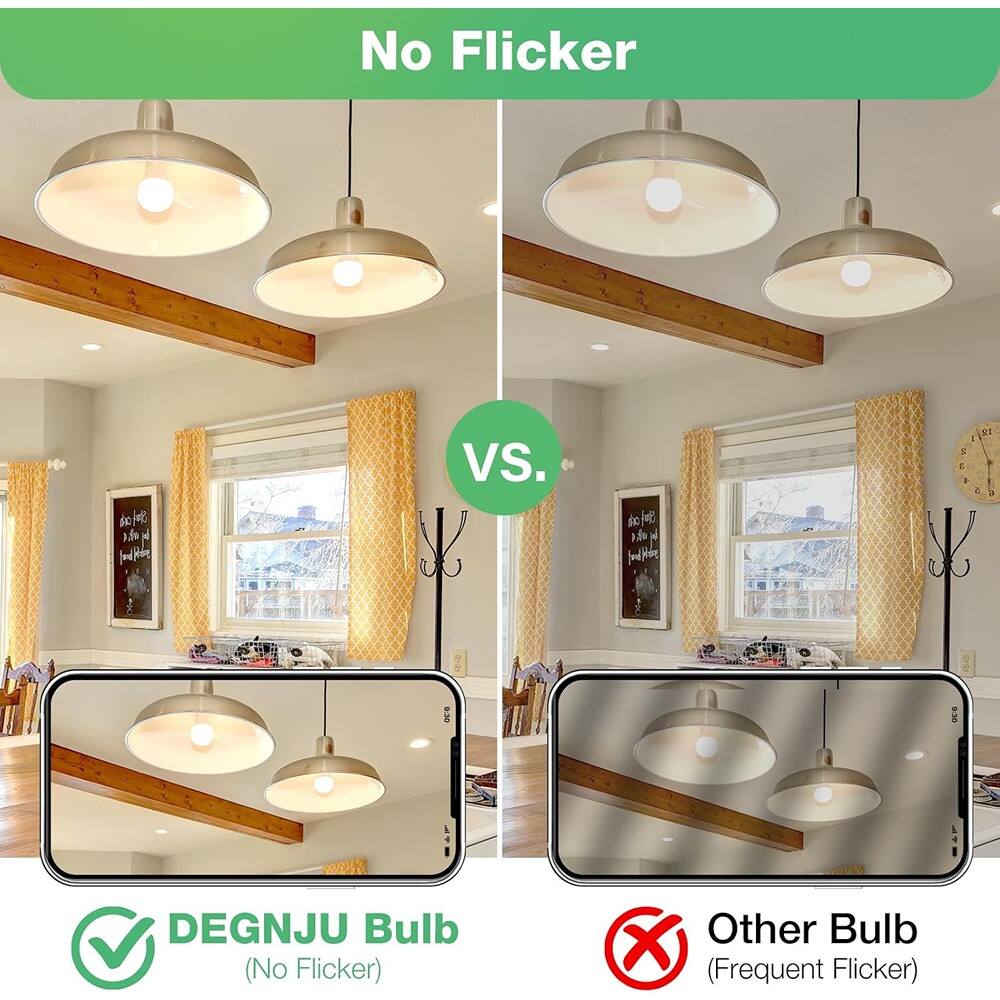 No Flicker

VS.

DEGNJU Bulb (No Flicker)

Other Bulb (Frequent Flicker)