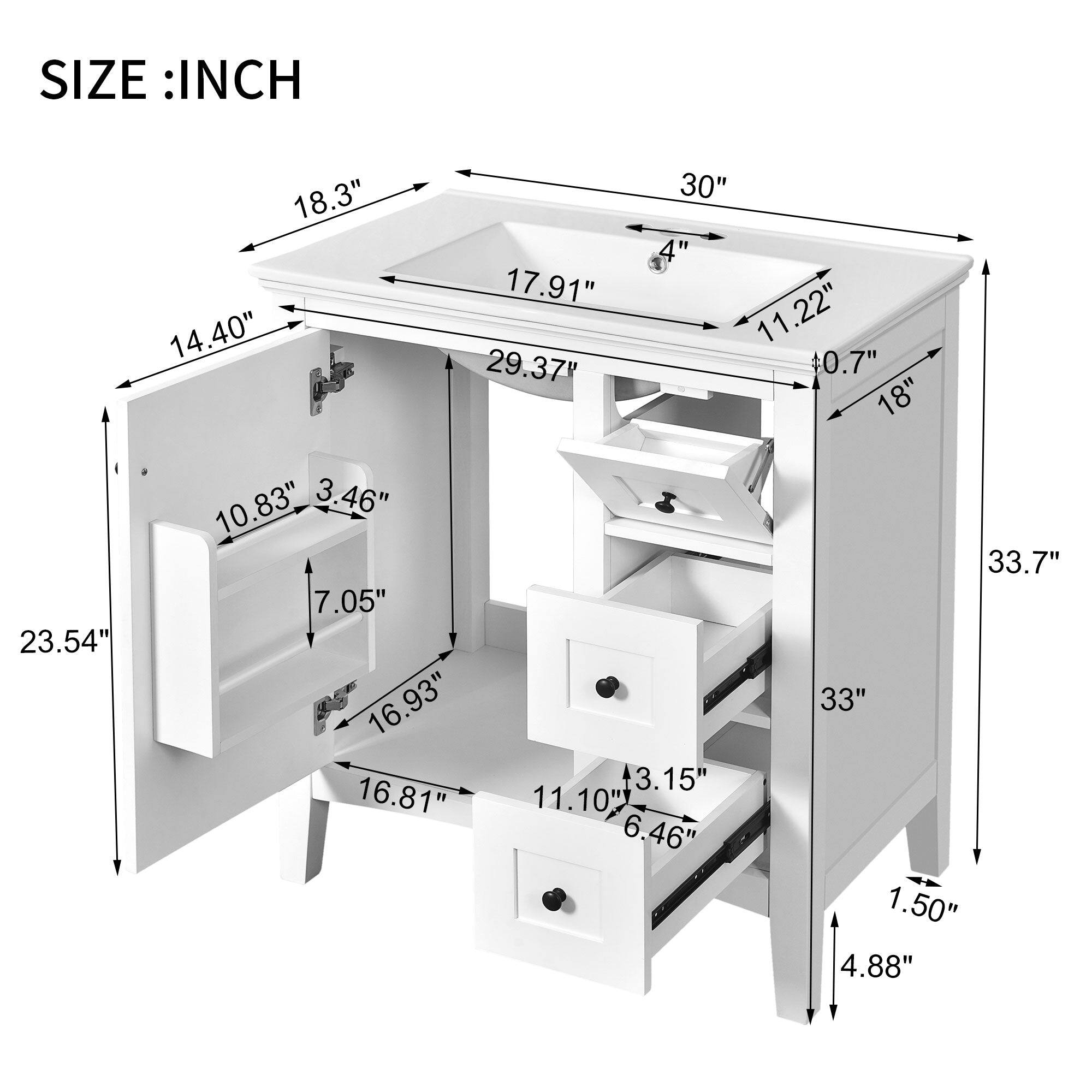 SIZE : INCH  
18.3" 14.40" 17.91" 29.37" 30" 4" 11.22" 0.7" 18" 23.54" 10.83" 3.46" 7.05" 16.93" 16.81" 3.15" 11.10" 6.46" 33.7" 33" 1.50" 4.88"