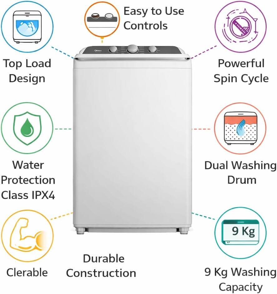 Easy to Use Controls  
Top Load Design  
Powerful Spin Cycle  
Water Protection Class IPX4  
Dual Washing Drum  
9 Kg Washing Capacity  
Durable Construction